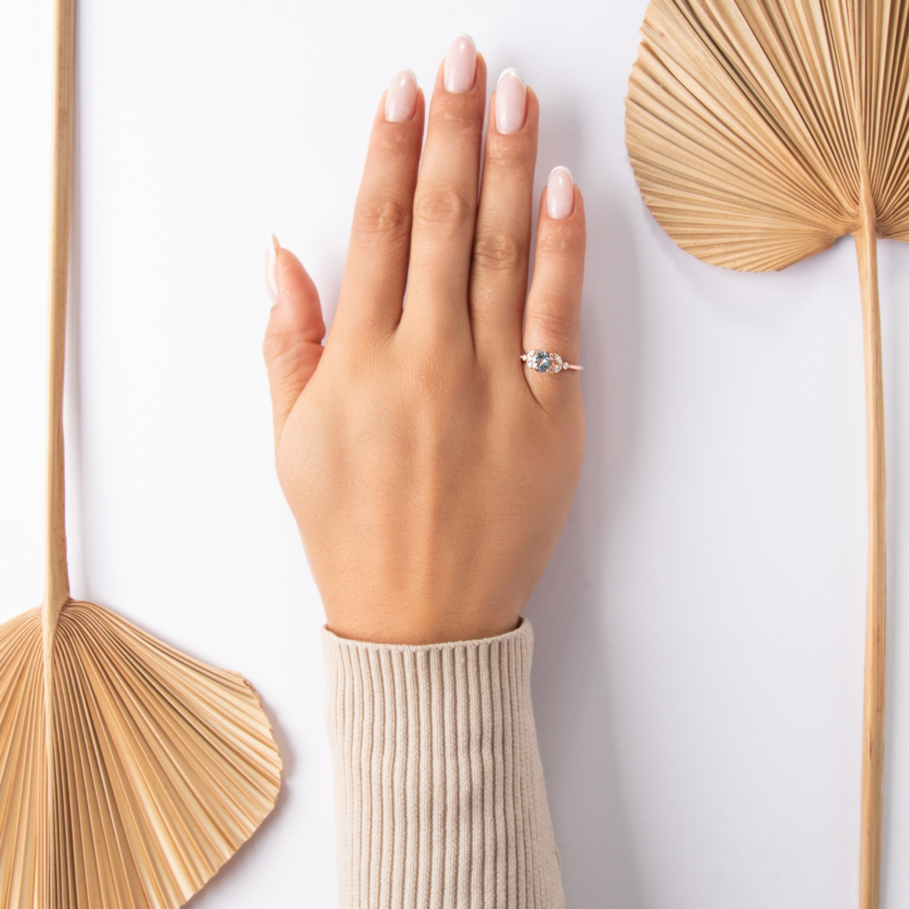 Estate 14k Rose Gold .71ct Aquamarine Diamond Whimsical Sparkling Leafy Shoulder Ring - On model view