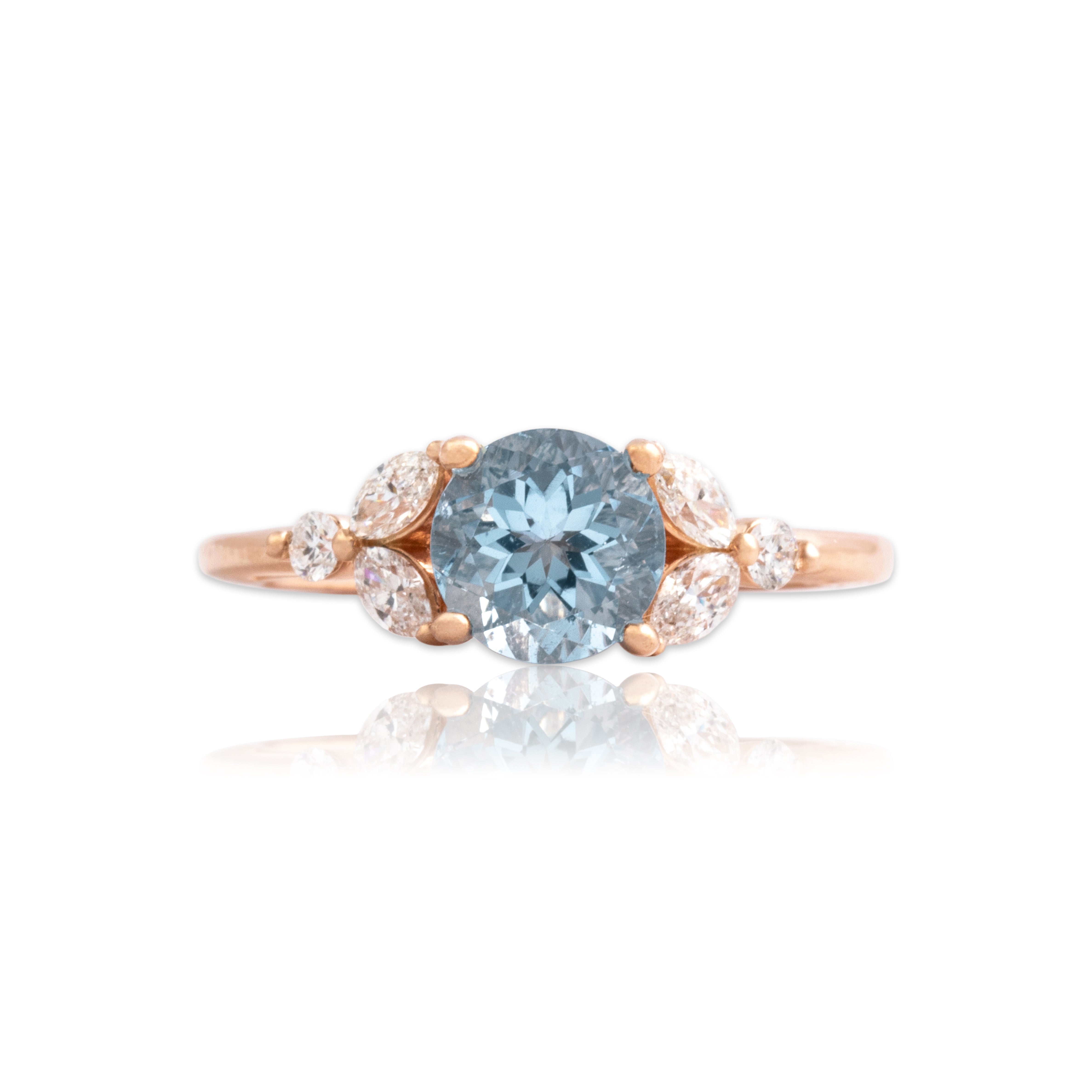 Estate 14k Rose Gold .71ct Aquamarine Diamond Whimsical Leafy Shoulder Ring 5.00