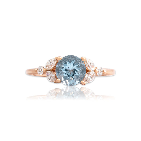 Estate 14k Rose Gold .71ct Aquamarine Diamond Whimsical Leafy Shoulder Ring 5.00