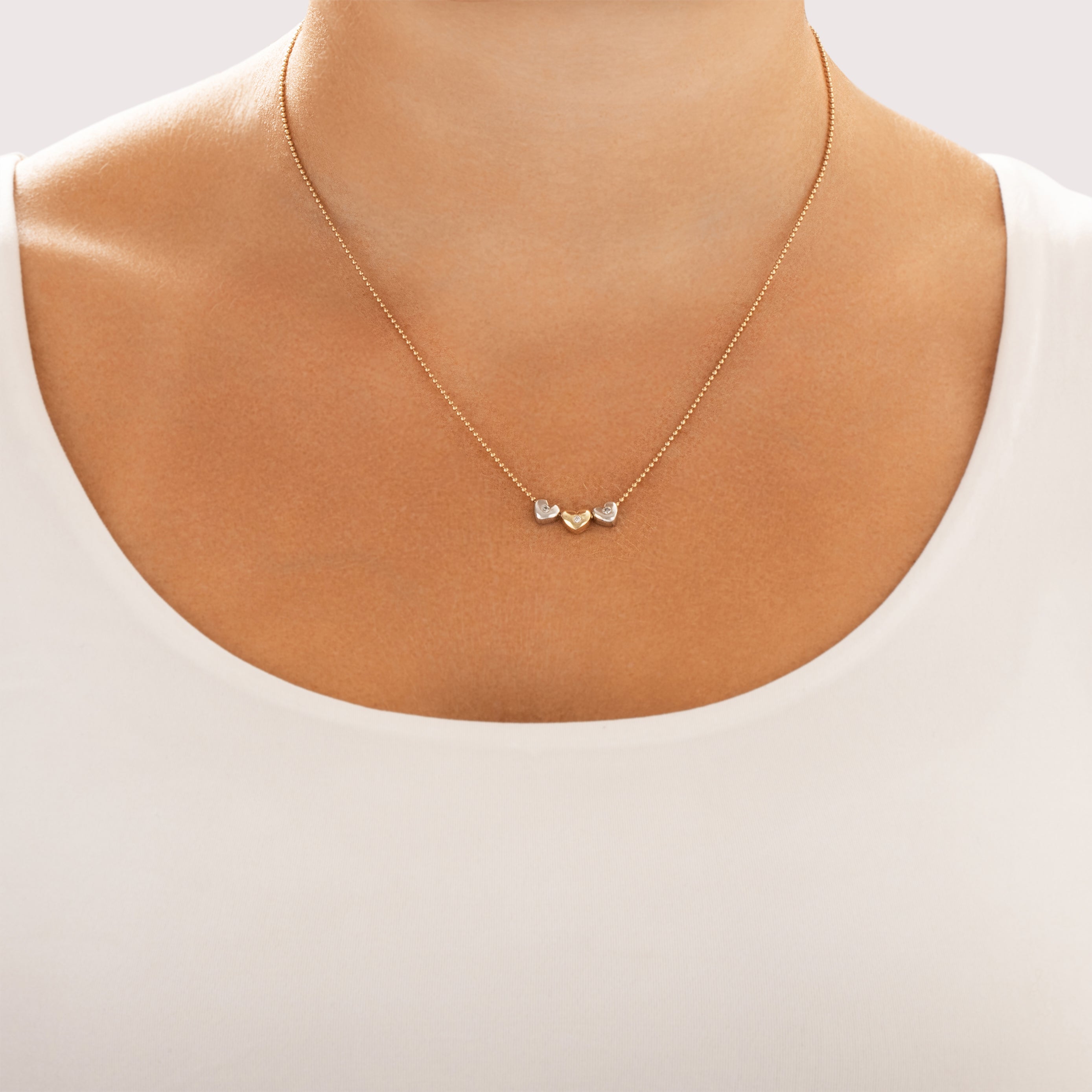 Vintage 14k Yellow & White Gold Diamond Sliding Heart Trio Ball Chain Necklace - On model view