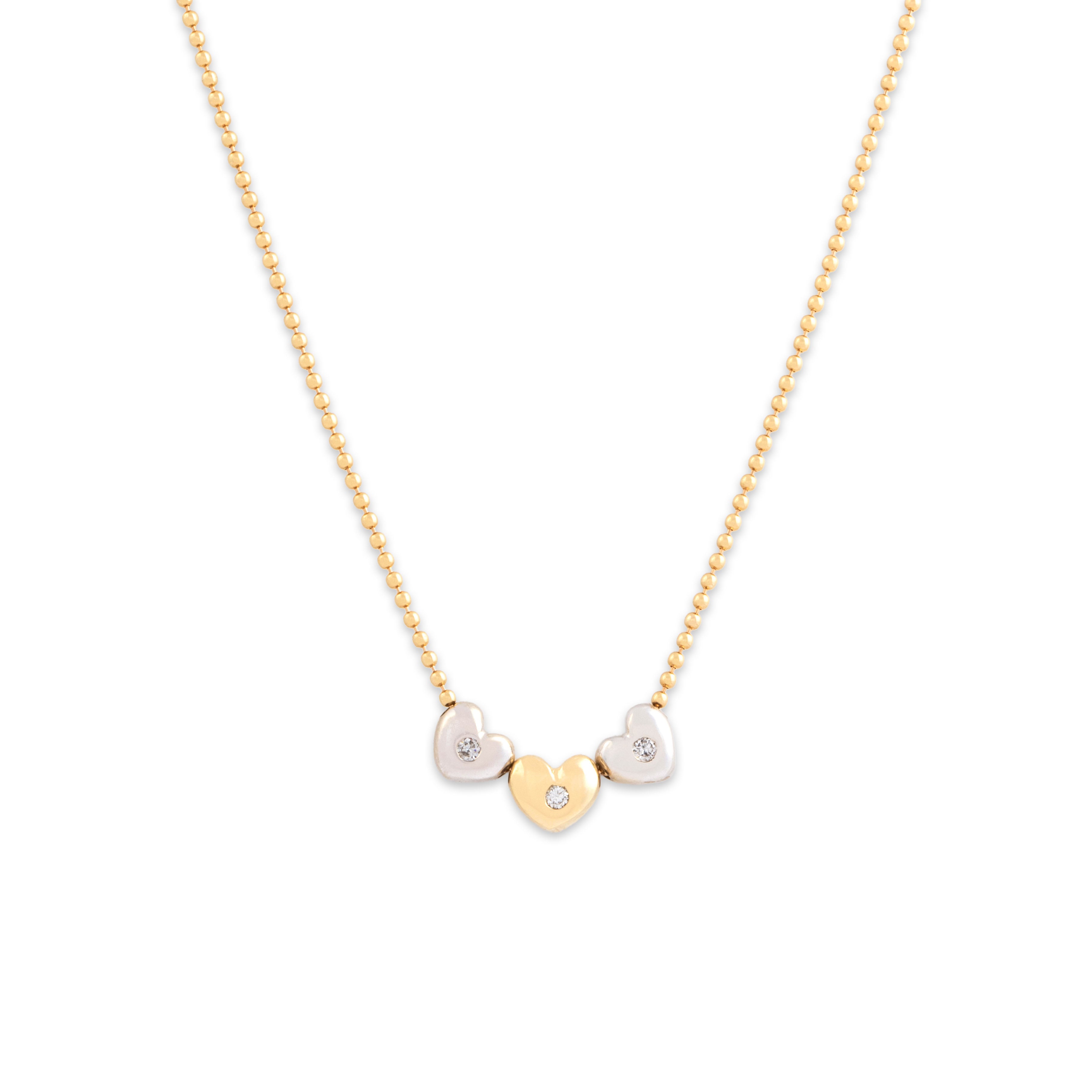 Vintage 14k Yellow & White Gold Diamond Sliding Heart Trio Ball Chain Necklace 18