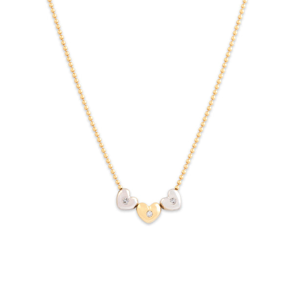 Vintage 14k Yellow & White Gold Diamond Sliding Heart Trio Ball Chain Necklace 18"