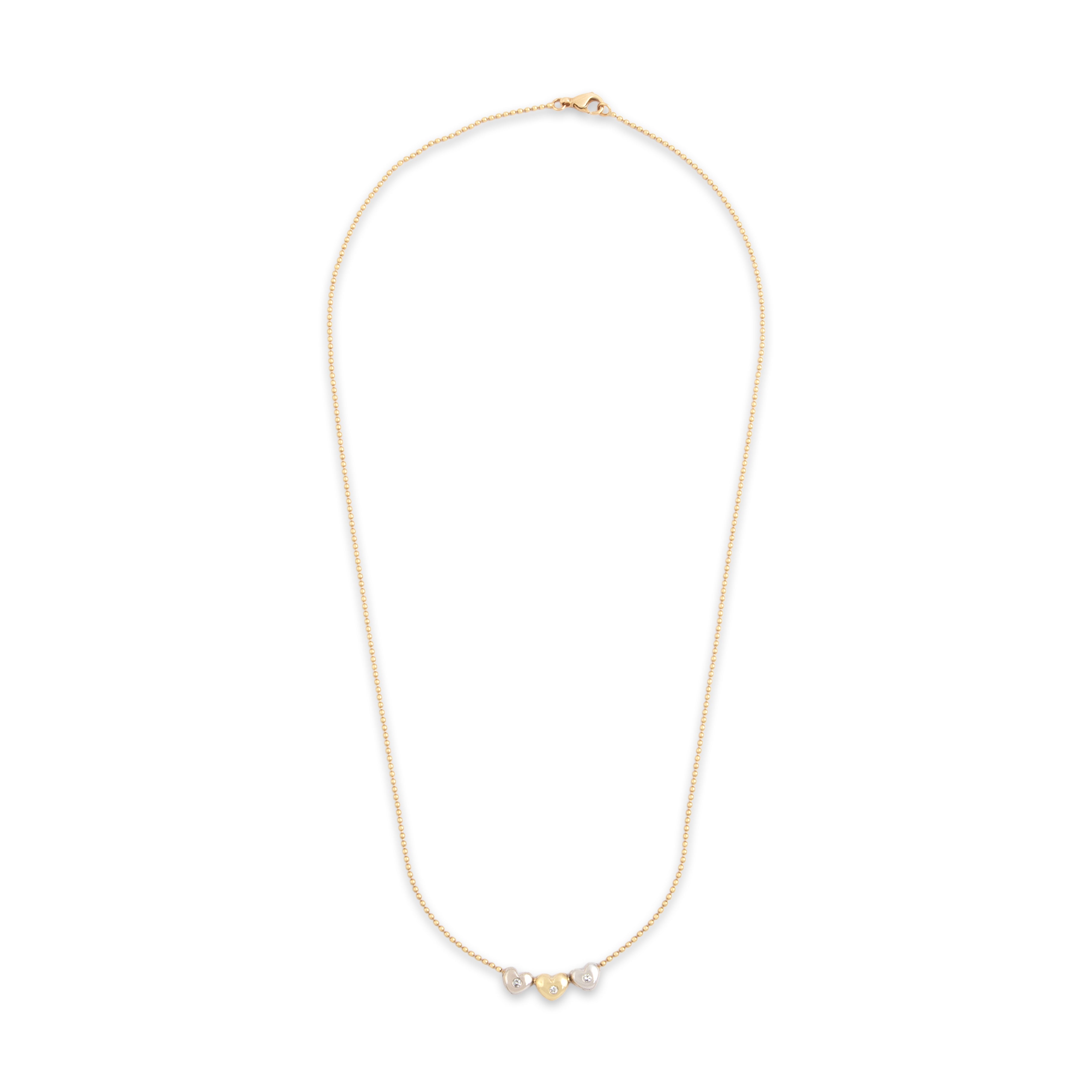Vintage 14k Yellow & White Gold Diamond Sliding Heart Trio Ball Chain Necklace - Overall view