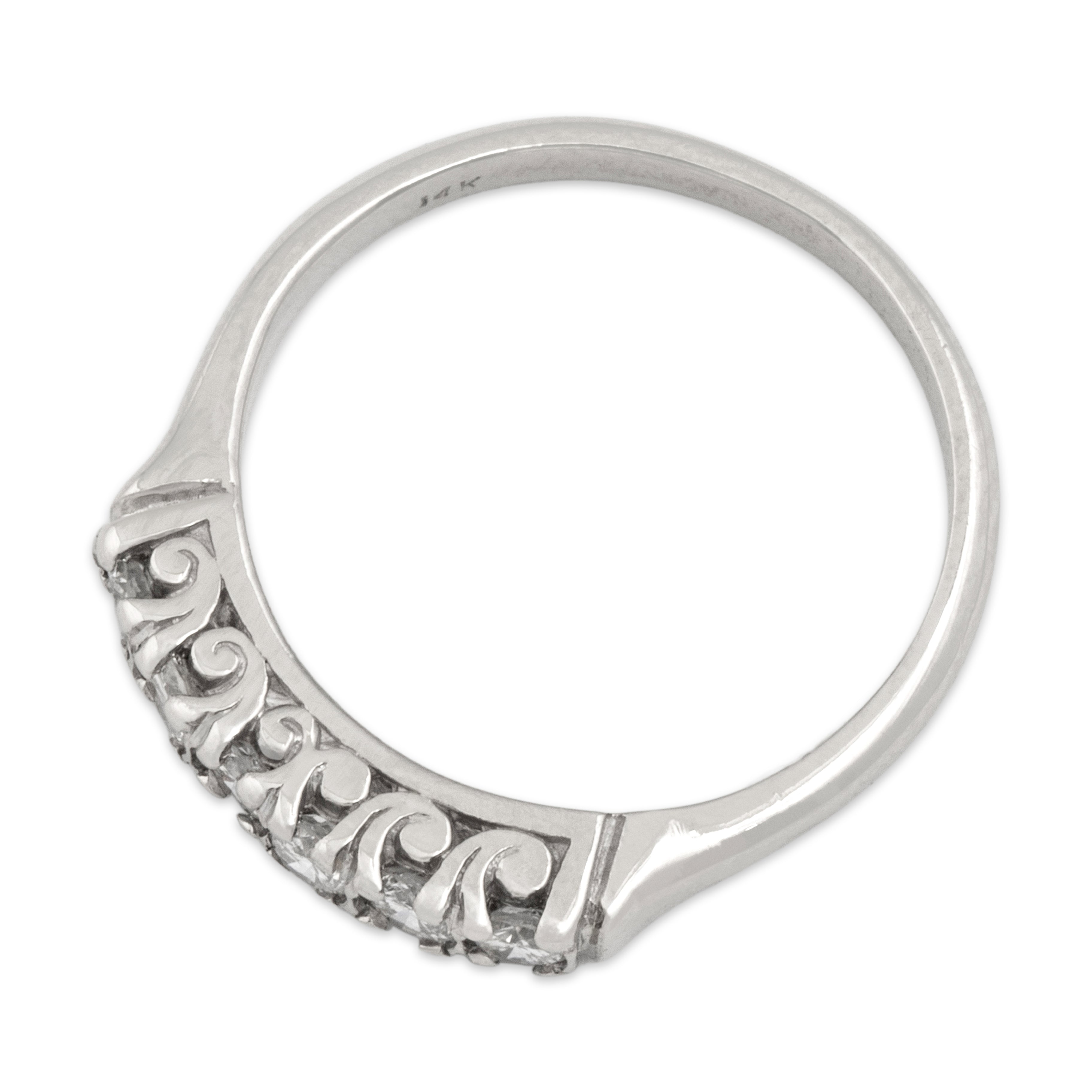 Vintage 14k White Gold Diamond Classic Line Scroll Detail Band Ring - Overall view