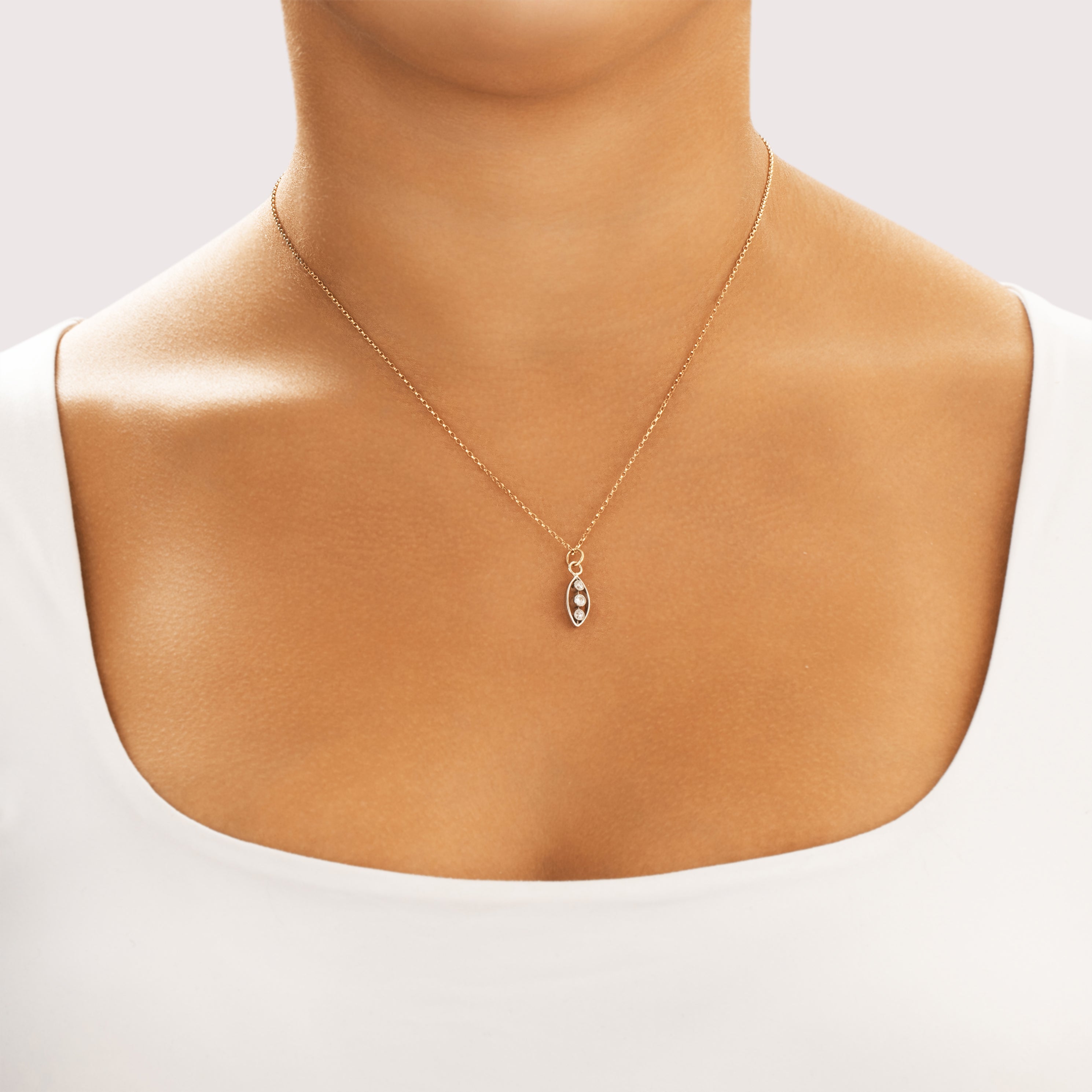 Antique Art Deco Platinum & 14k Yellow Gold Old Mine Cut Diamond Milgrain Bezel Navette Trio Charm / Pendant - On model view