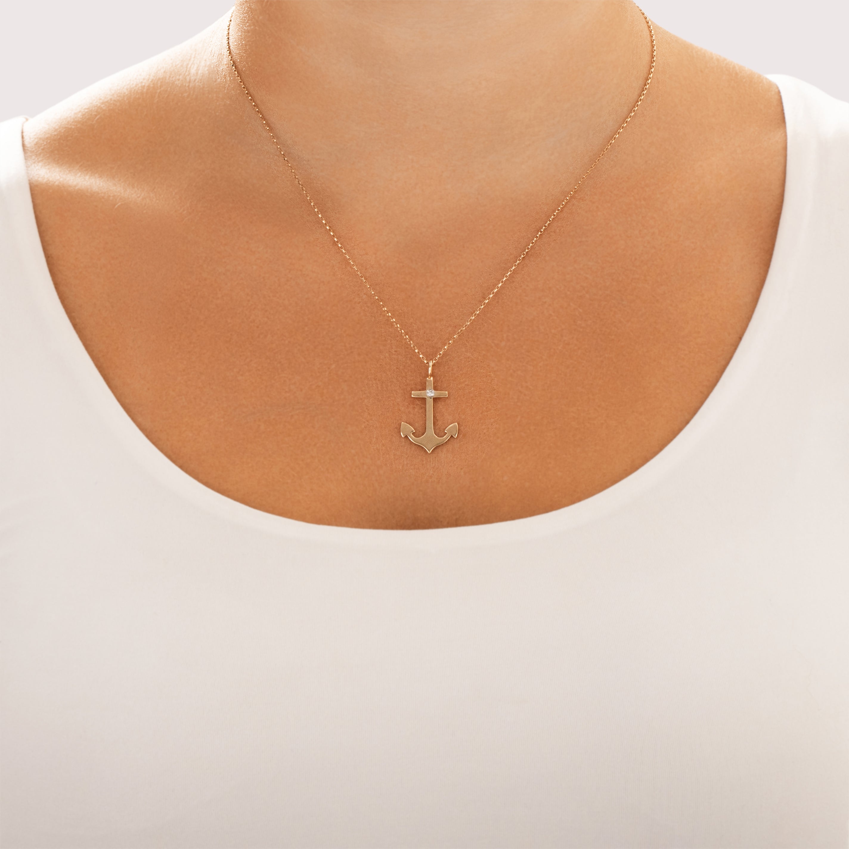 Vintage 14k Yellow Gold Diamond Nautical Anchor Sparkling Bezel Charm / Pendant - On model view
