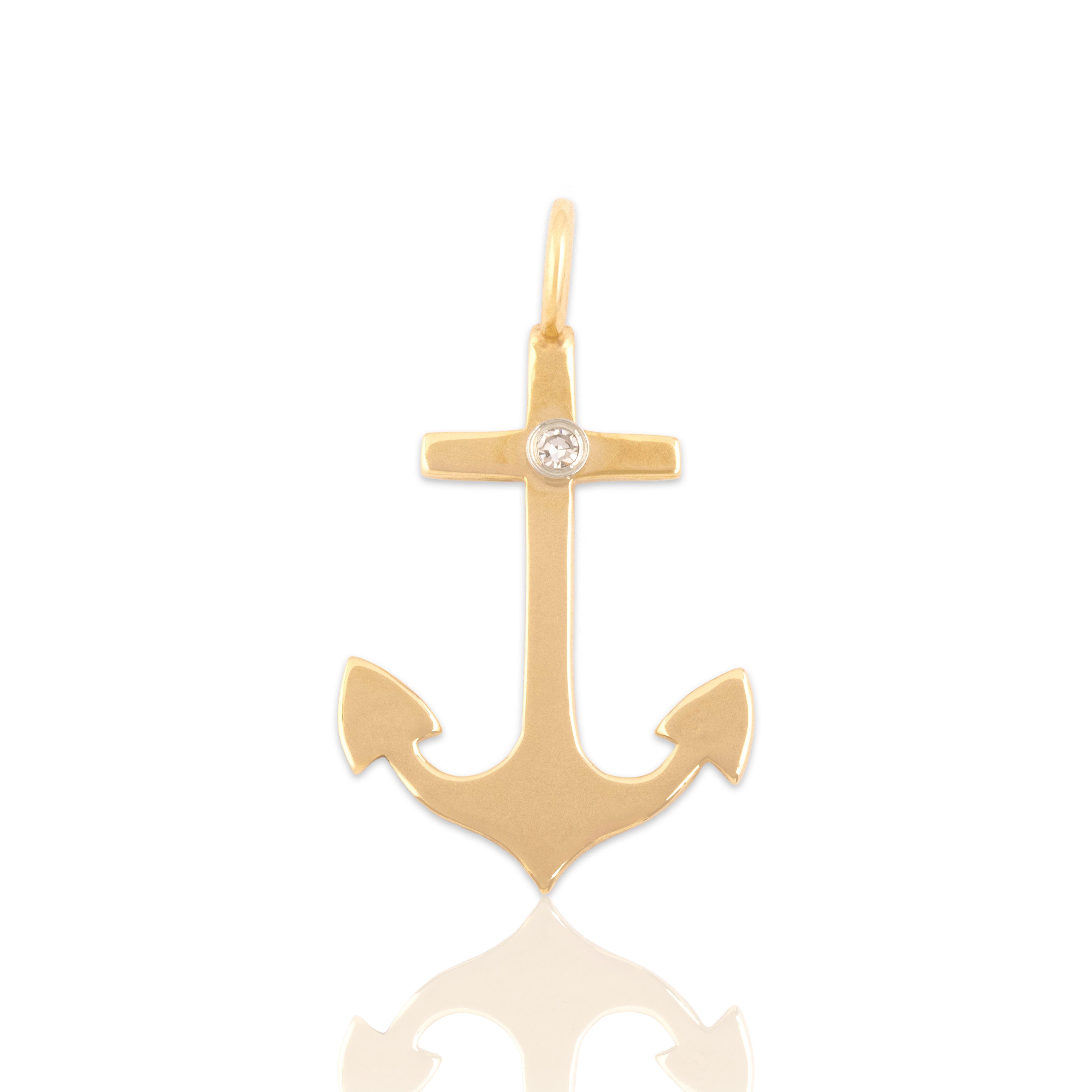 Vintage 14k Yellow Gold Diamond Nautical Anchor Sparkling Bezel Charm / Pendant - Close-up view