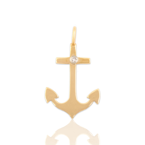Vintage 14k Yellow Gold Diamond Nautical Anchor Sparkling Bezel Charm / Pendant