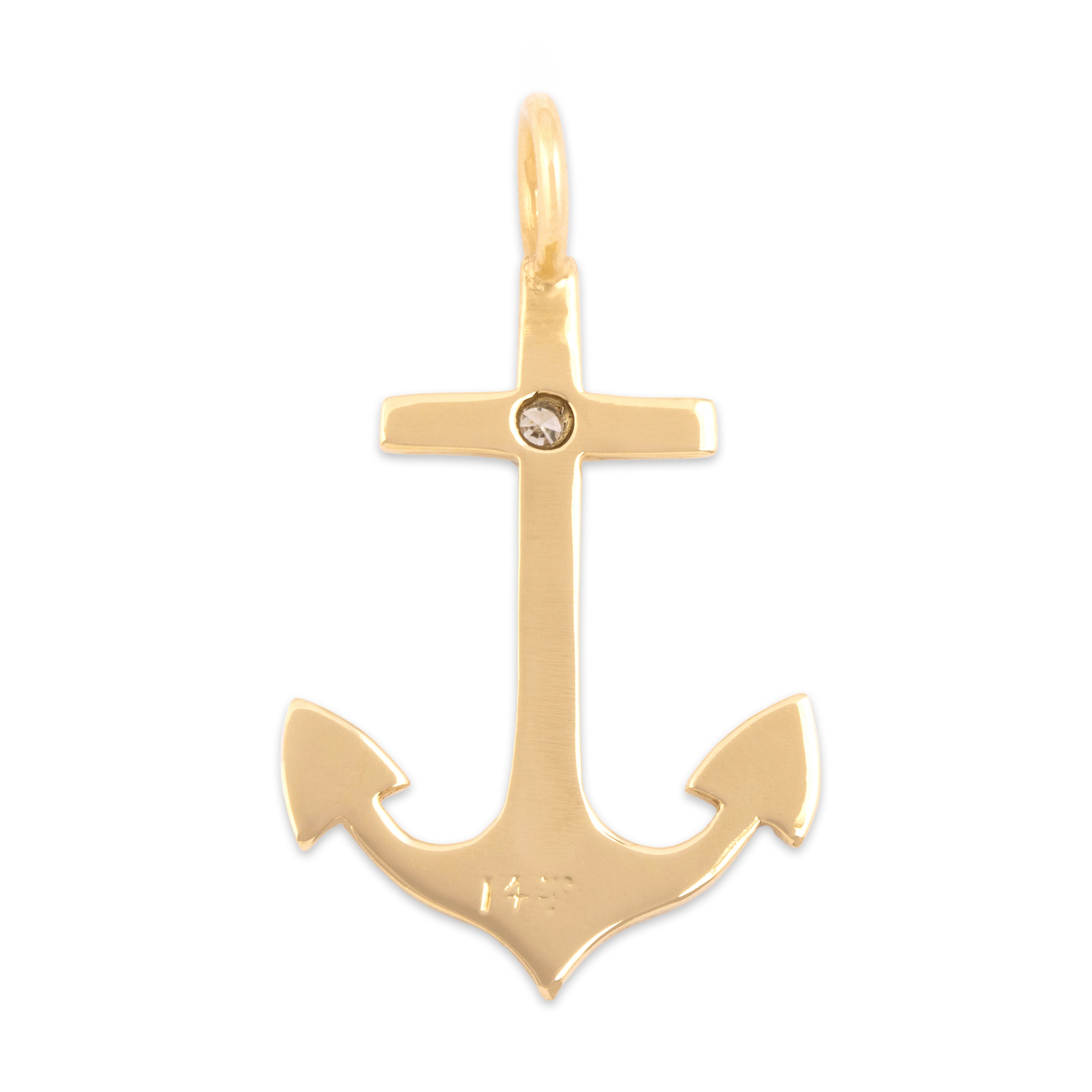Vintage 14k Yellow Gold Diamond Nautical Anchor Sparkling Bezel Charm / Pendant - Back view