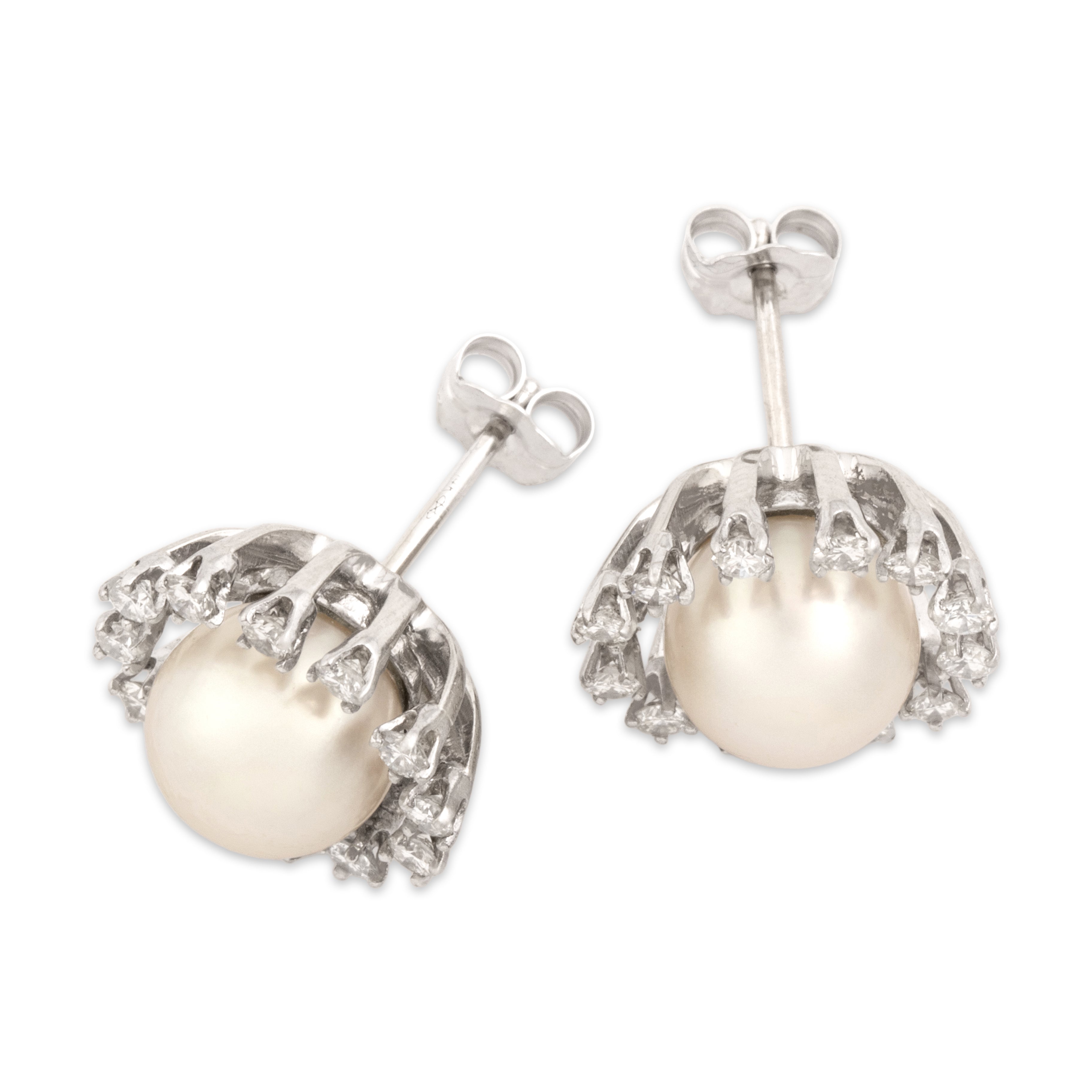 Vintage 14k White Gold Pearl .69cttw Diamond Stunning Celestial Halo Stud Earrings - Overall view