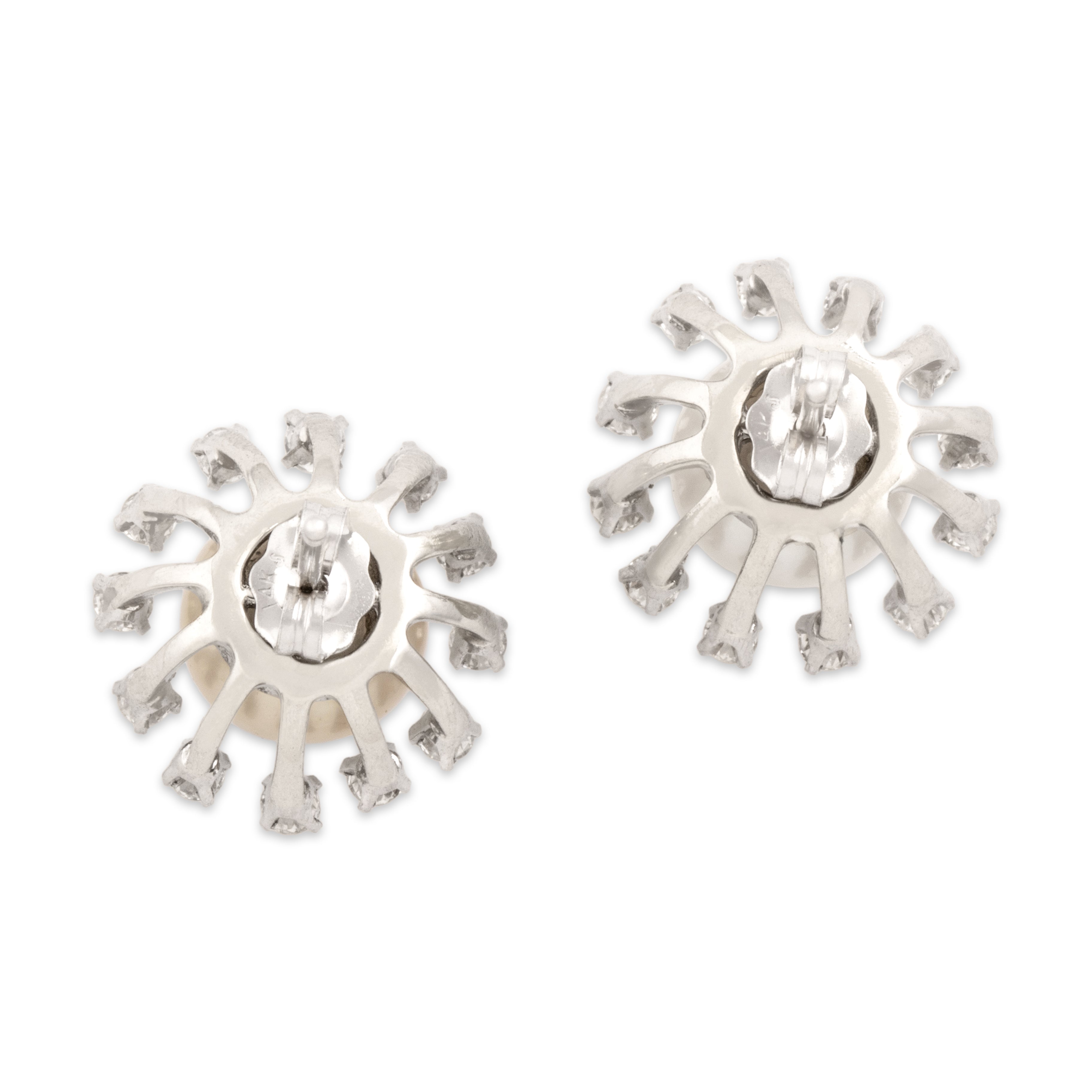 Vintage 14k White Gold Pearl .69cttw Diamond Stunning Celestial Halo Stud Earrings - Back view