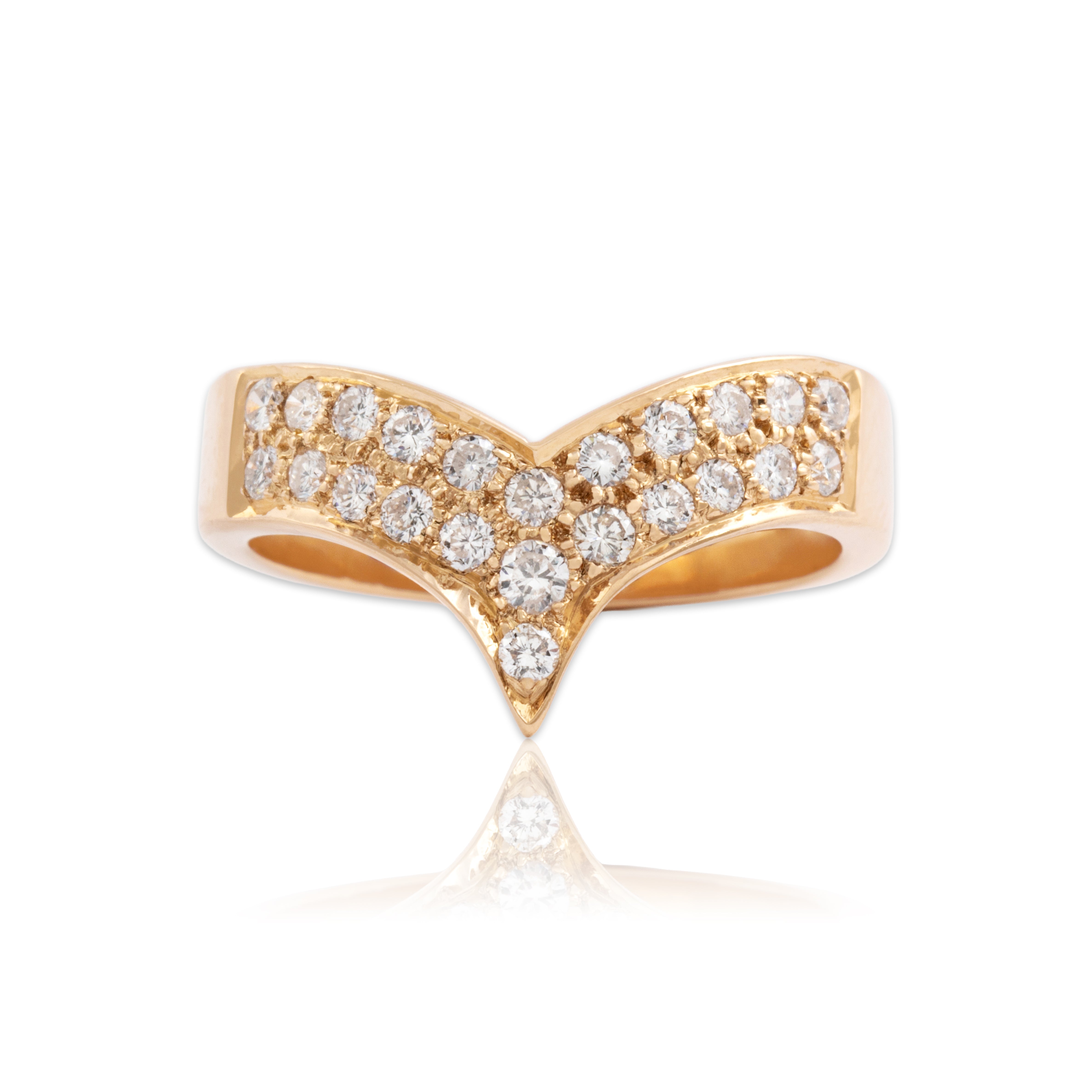 Vintage 14k Rosy Yellow Gold Diamond Dazzling Curved Arrow Ring - Close-up view