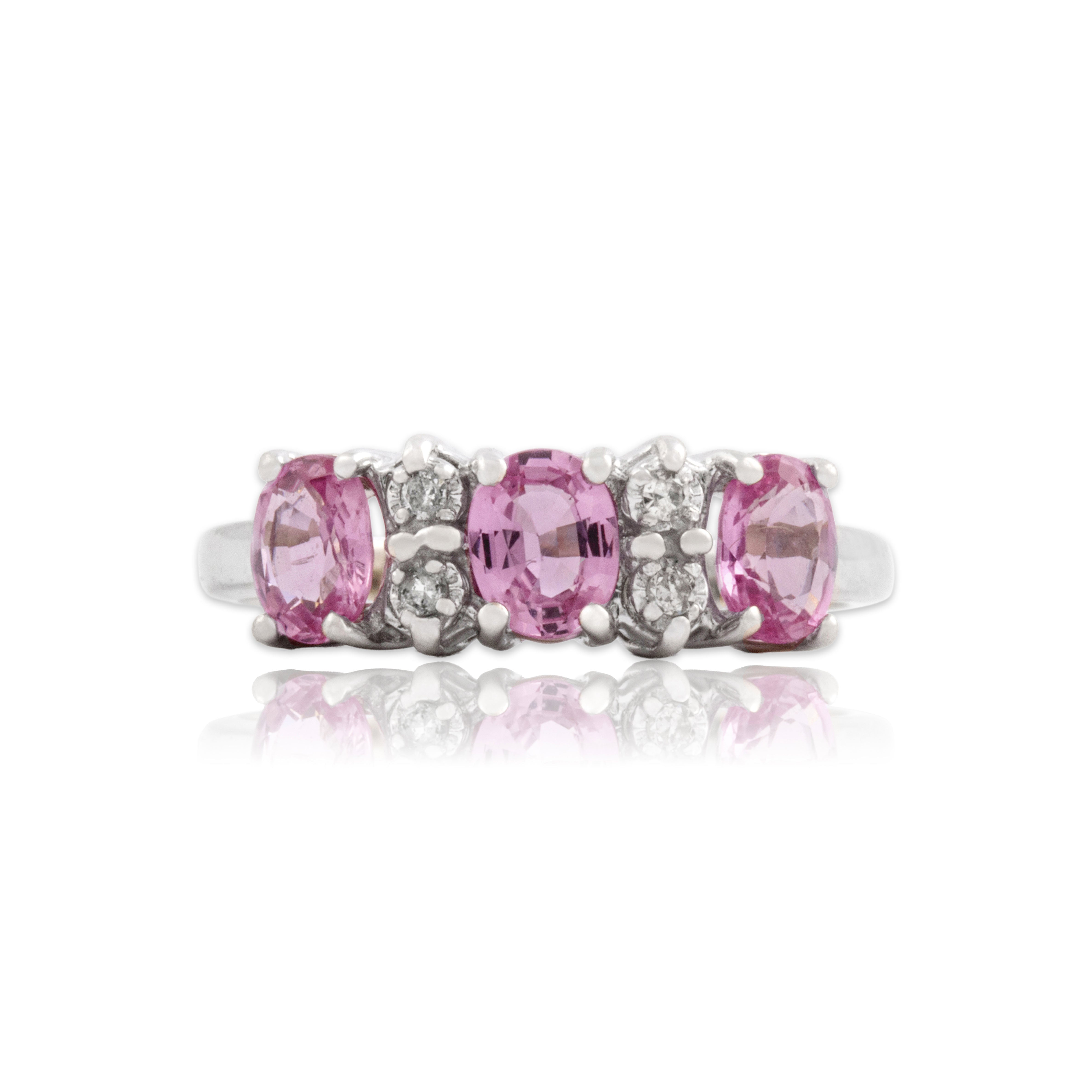 Vintage 14k White Gold 1.08cttw Pink Sapphire Diamond Vibrant Oval Trio Ring 6.25