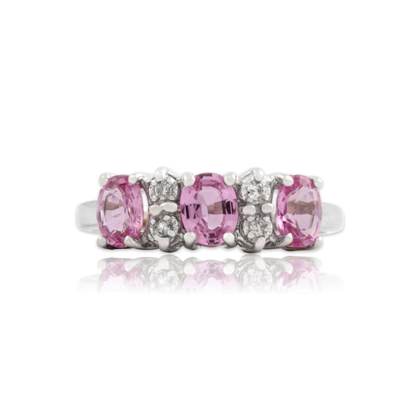 Vintage 14k White Gold 1.08cttw Pink Sapphire Diamond Vibrant Oval Trio Ring 6.25