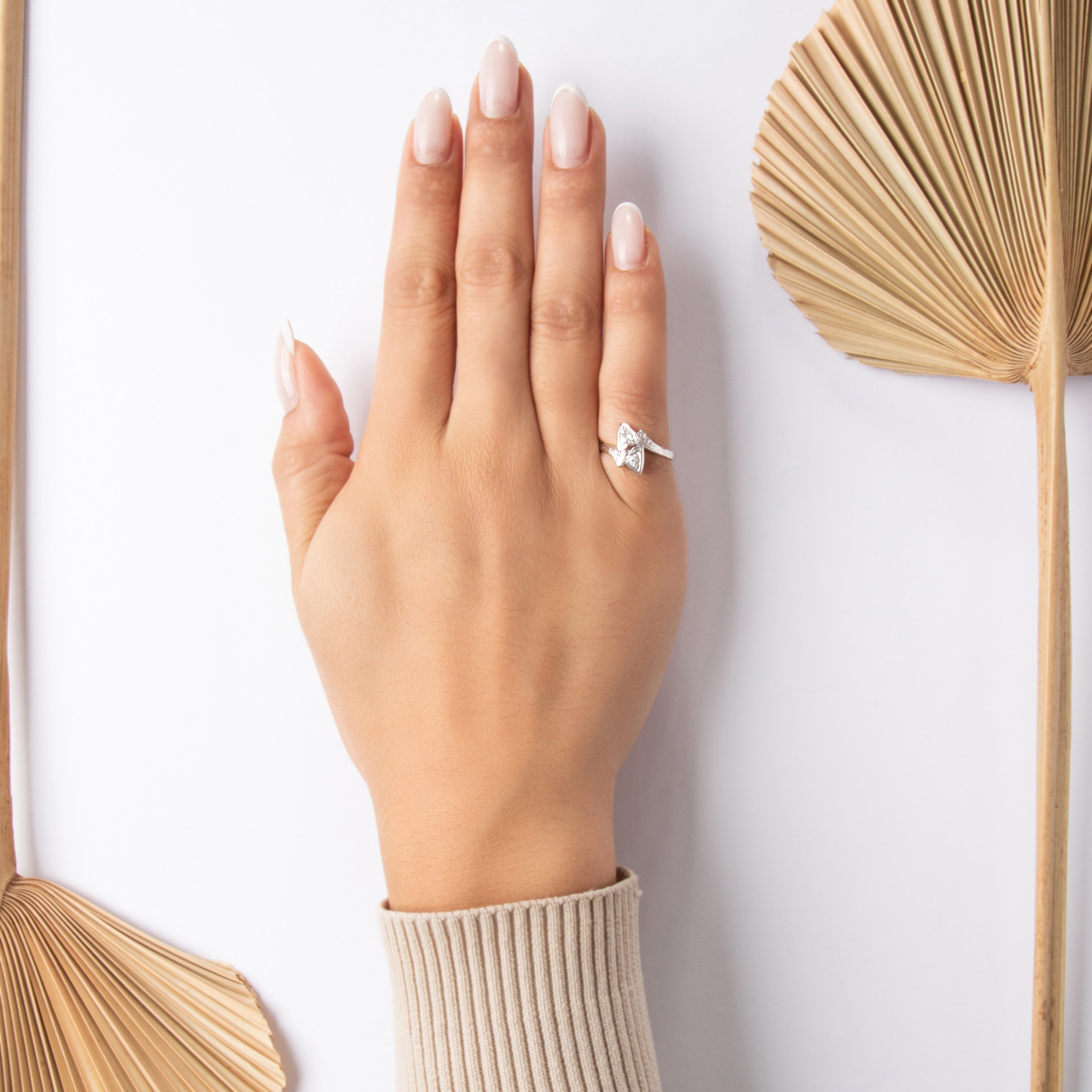 Antique 14k White Gold Old Mine Cut Diamond Heart Bypass Toi Et Moi Ring - On model view