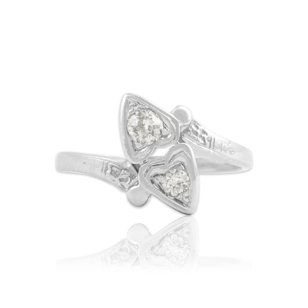 Antique 14k White Gold Old Mine Cut Diamond Heart Bypass Toi Et Moi Ring 6.50