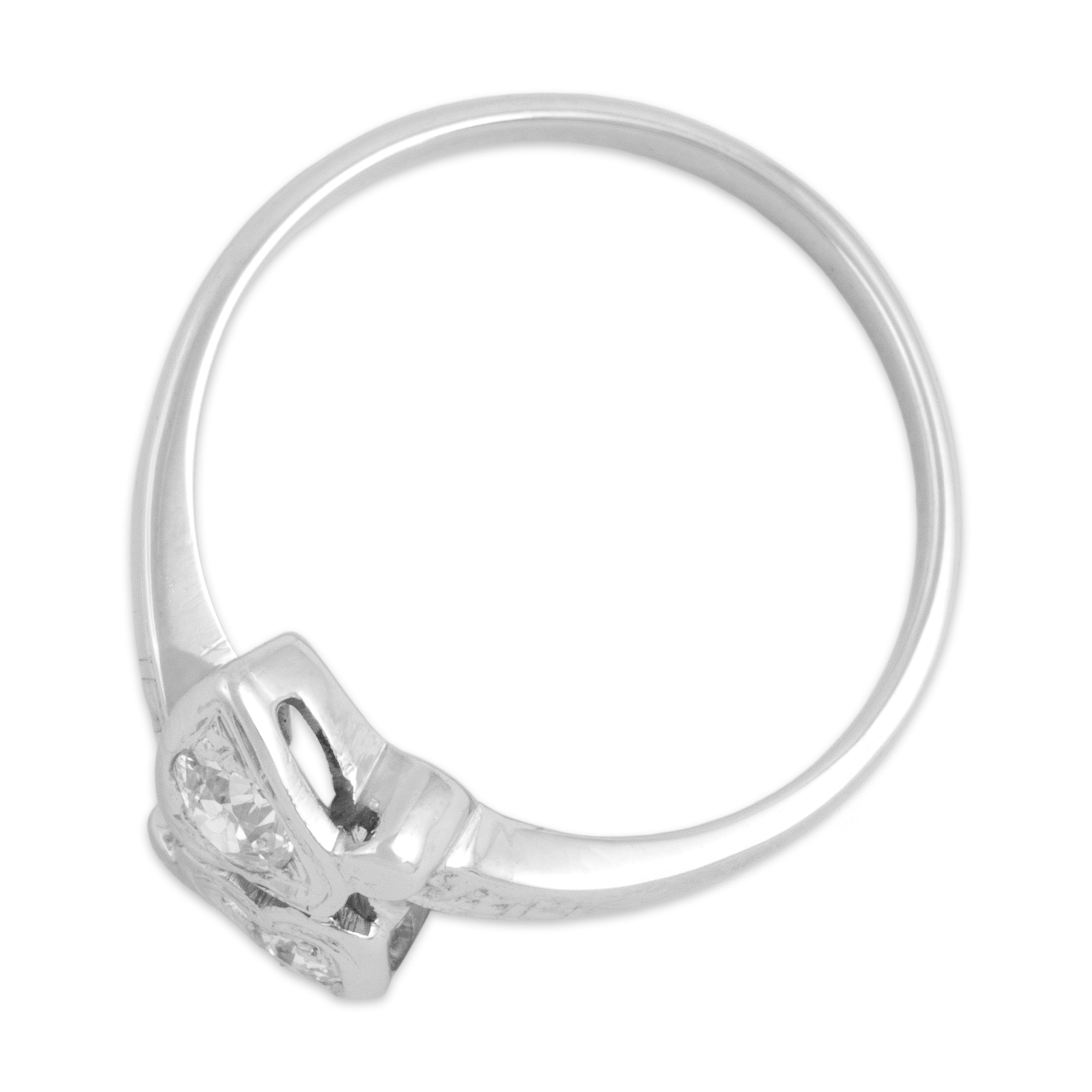 Antique 14k White Gold Old Mine Cut Diamond Heart Bypass Toi Et Moi Ring - Overall view