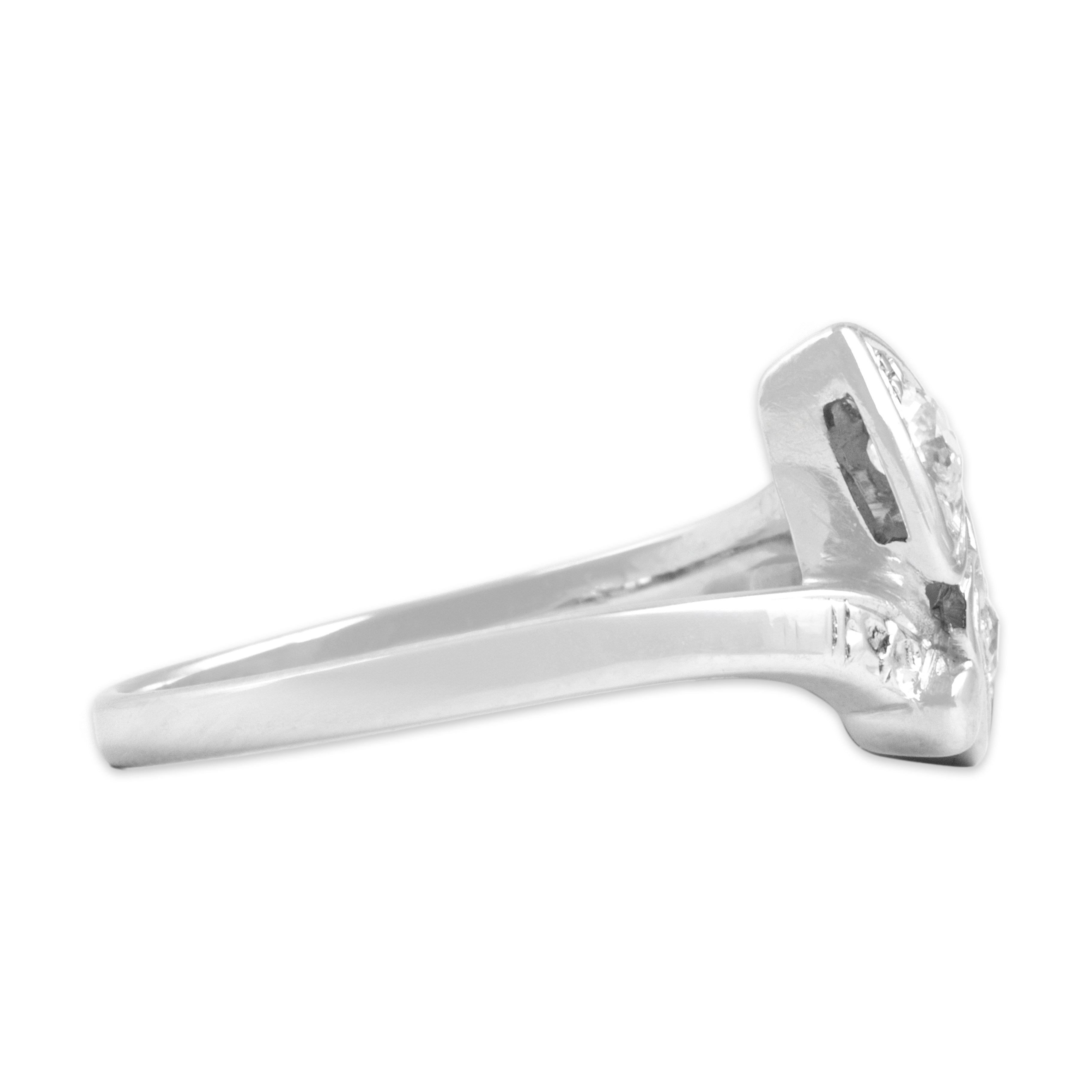 Antique 14k White Gold Old Mine Cut Diamond Heart Bypass Toi Et Moi Ring - Side view