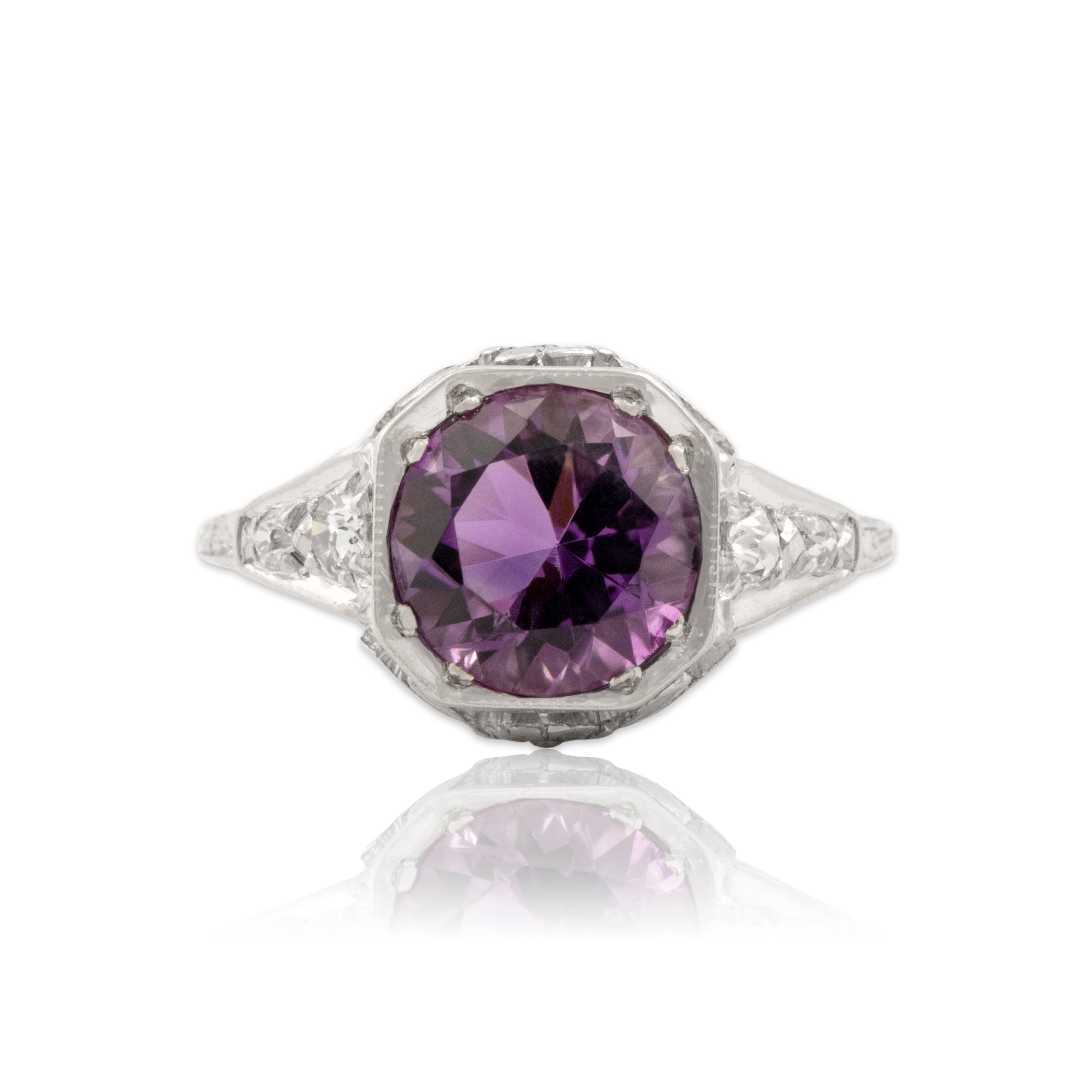 Antique Art Deco Platinum 1.72ct Amethyst Old Mine Cut Diamond Ornate Decorated Openwork Ring - Close-up view