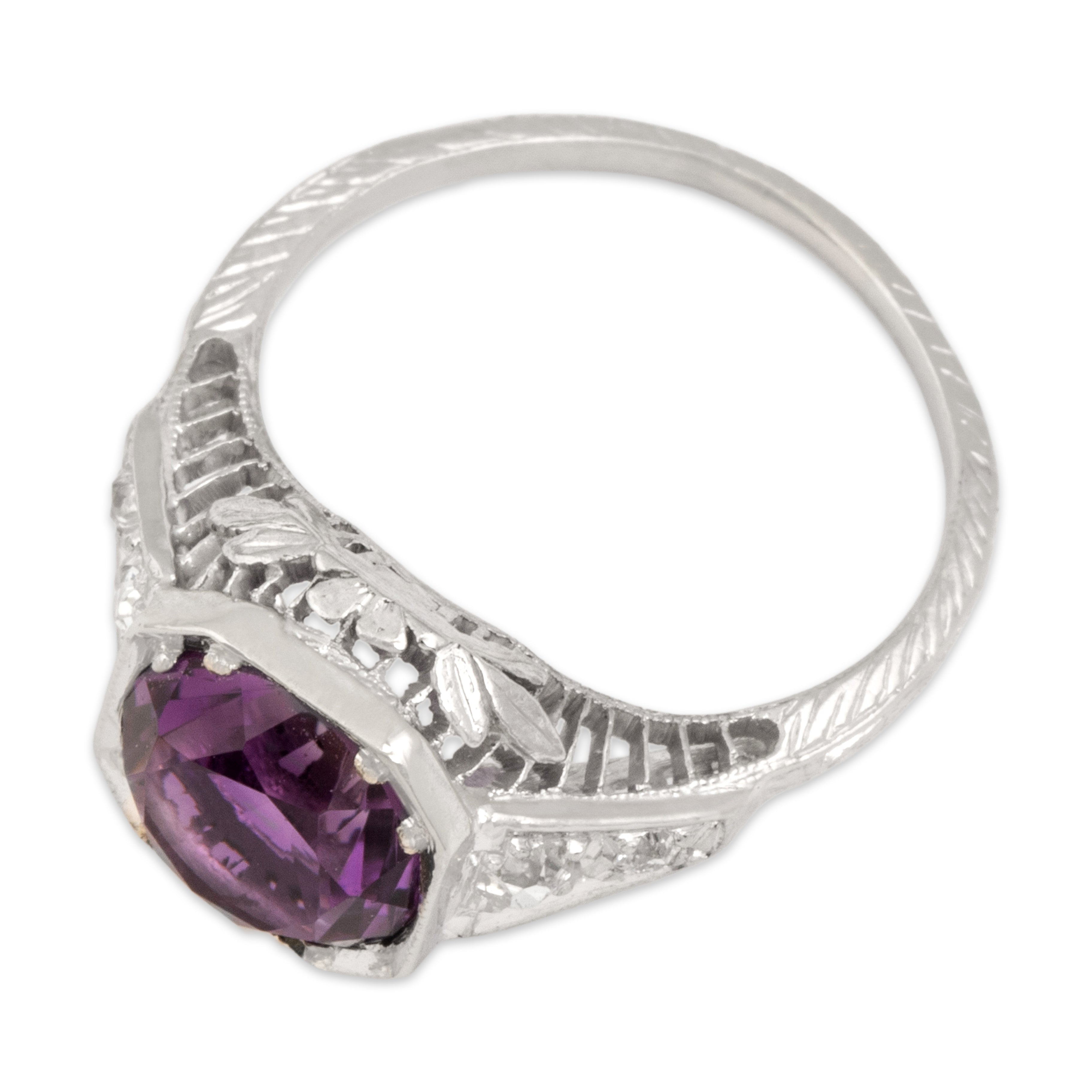 Antique Art Deco Platinum 1.72ct Amethyst Old Mine Cut Diamond Ornate Decorated Openwork Ring - Overall view