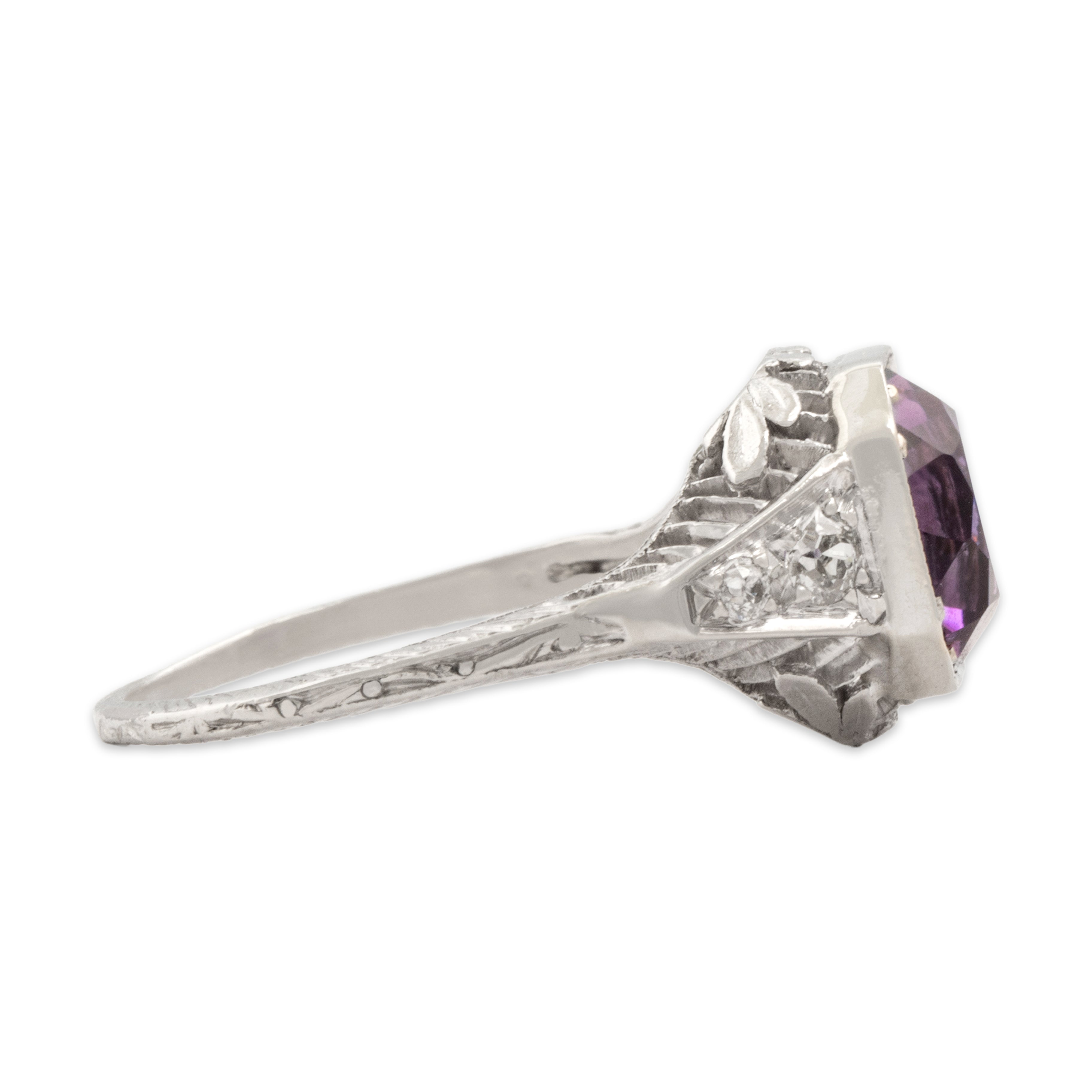 Antique Art Deco Platinum 1.72ct Amethyst Old Mine Cut Diamond Ornate Decorated Openwork Ring - Side view