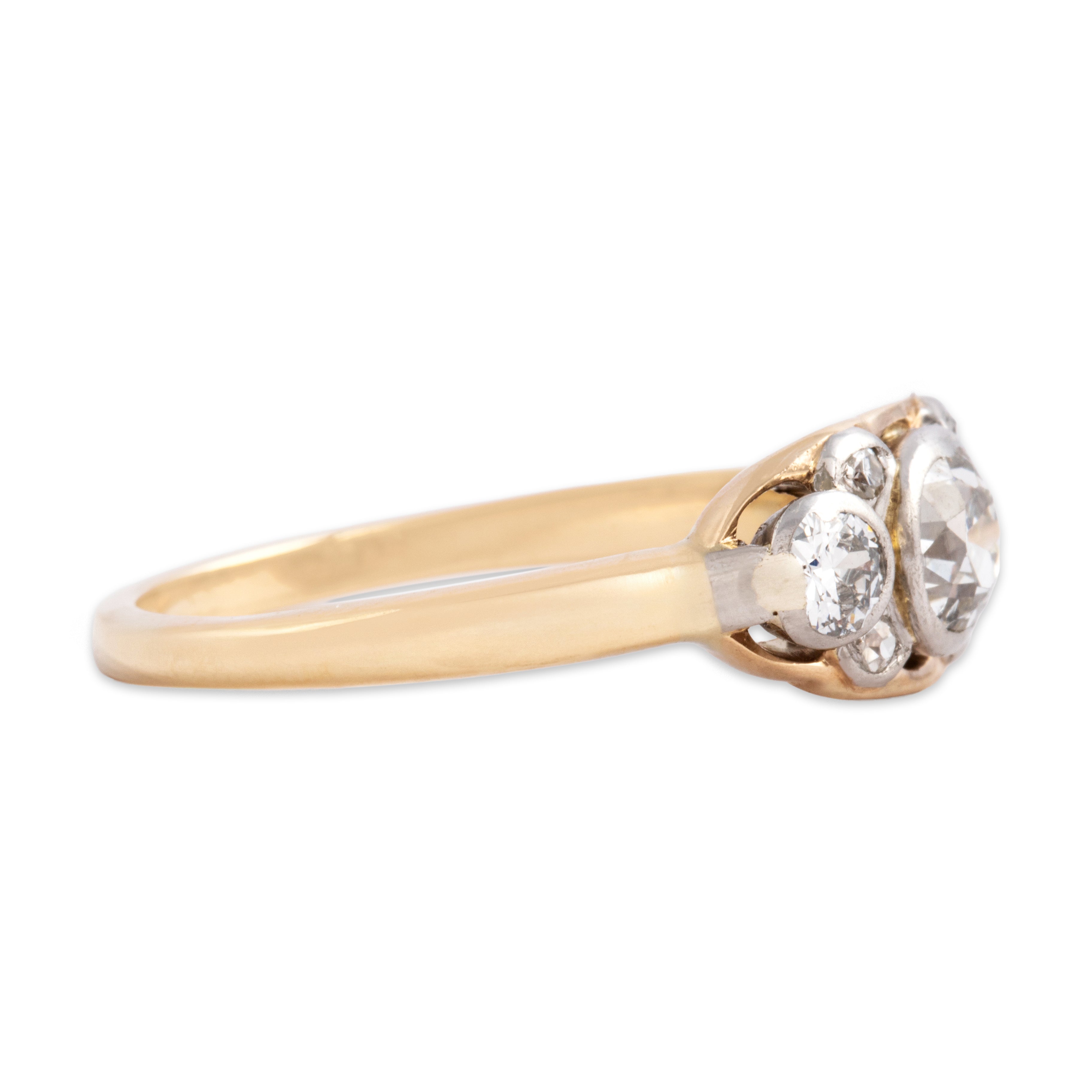 Antique 14k Yellow Gold & Platinum .96cttw Old European Old Mine Cut Diamond Glittering Bezel-Set Cluster Ring - Side view