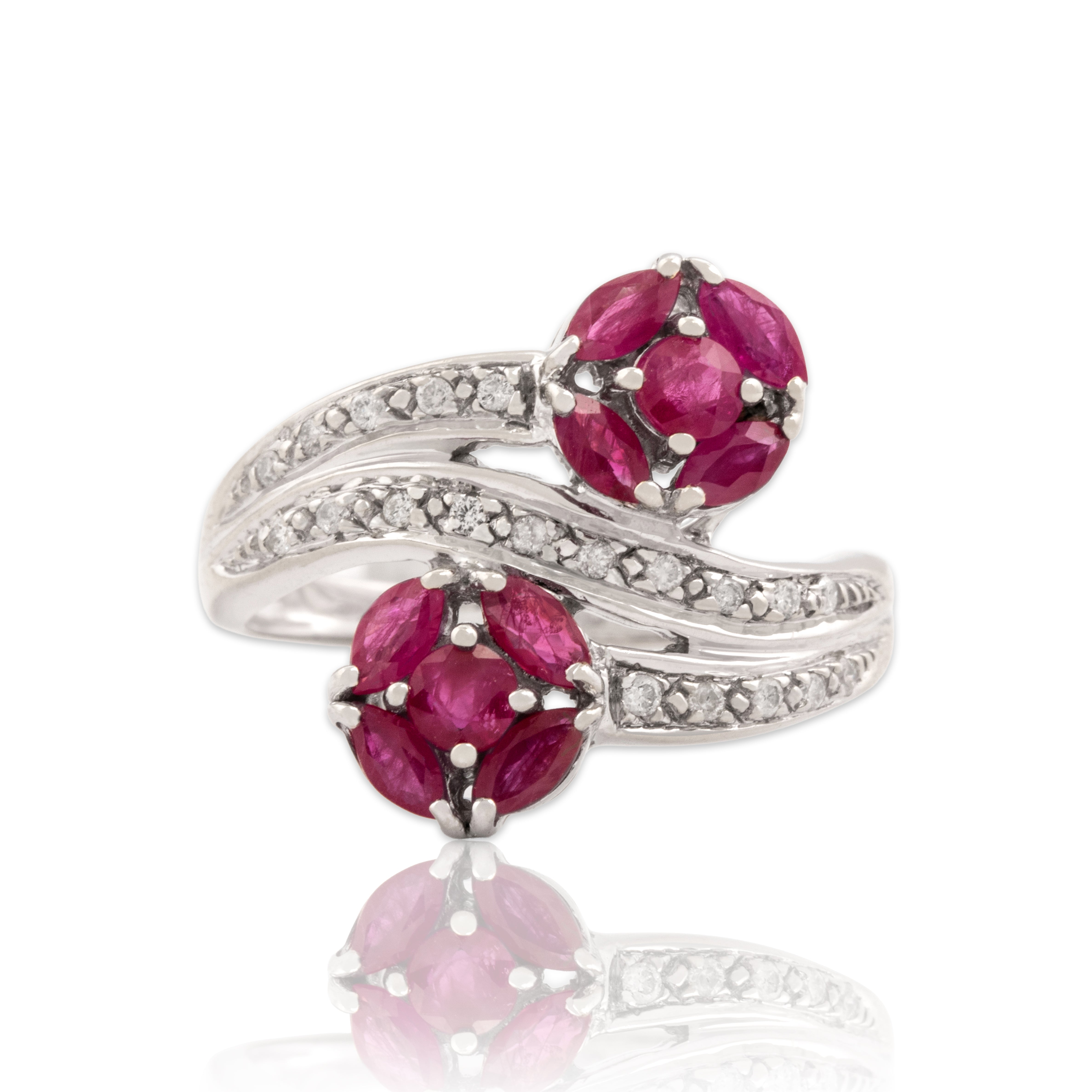 Vintage 14k White Gold .77cttw Ruby Diamond Bright Round Bypass Ring - Close-up view
