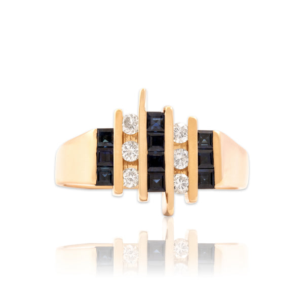 Vintage 14k Yellow Gold .59cttw Blue Sapphire Diamond Modern Architectural Ring 8.50