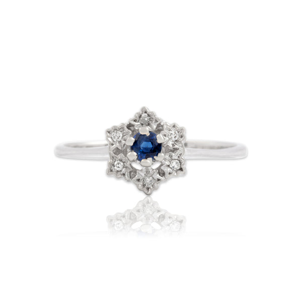 Vintage 14k White Gold Blue Sapphire Diamond Wintery Snowflake Halo Ring 6.75