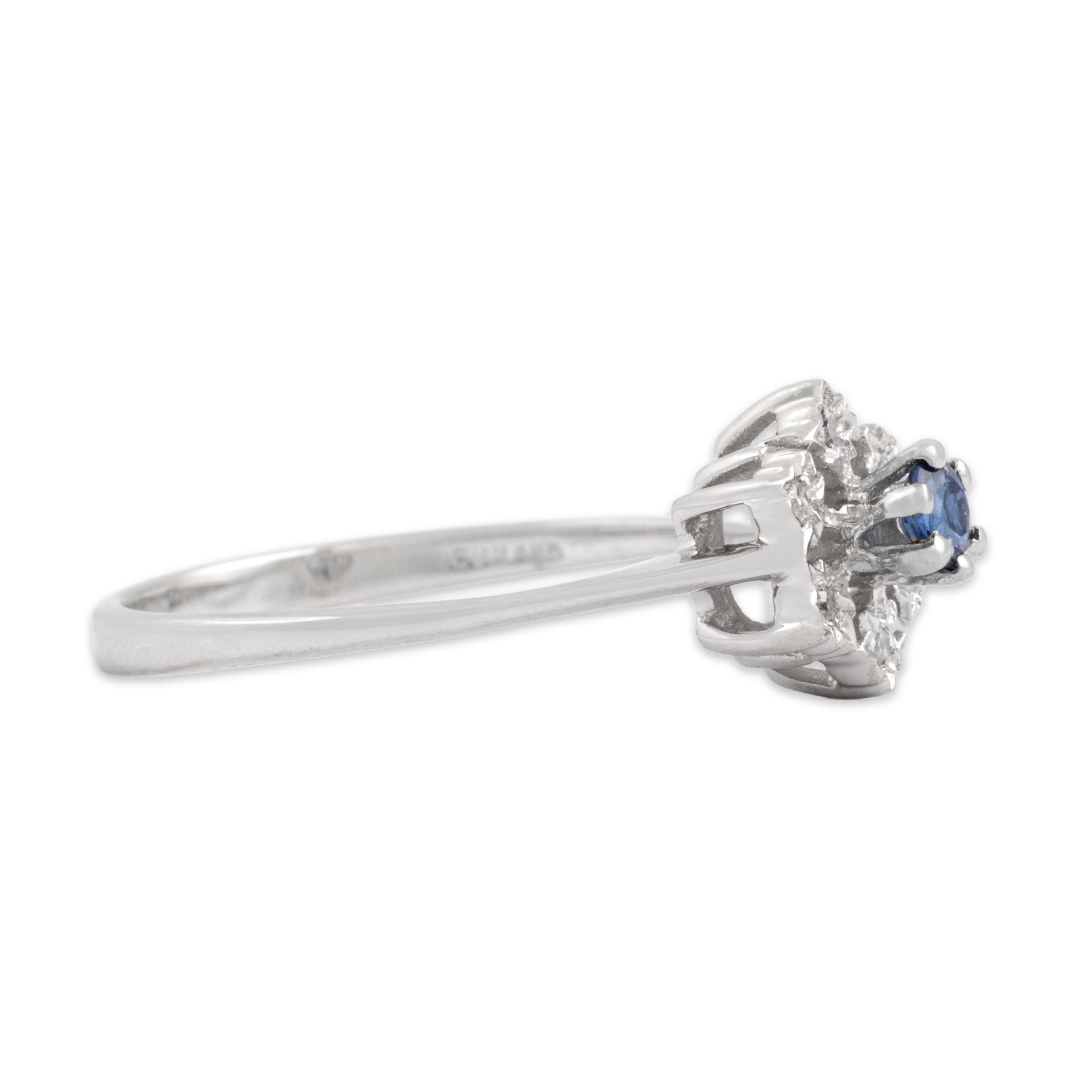 Vintage 14k White Gold Blue Sapphire Diamond Wintery Snowflake Halo Ring 6.75