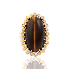 Vintage Large 18k Yellow Gold 21.35ct Tiger's Eye .56cttw Diamond Cocktail Ring 7.00