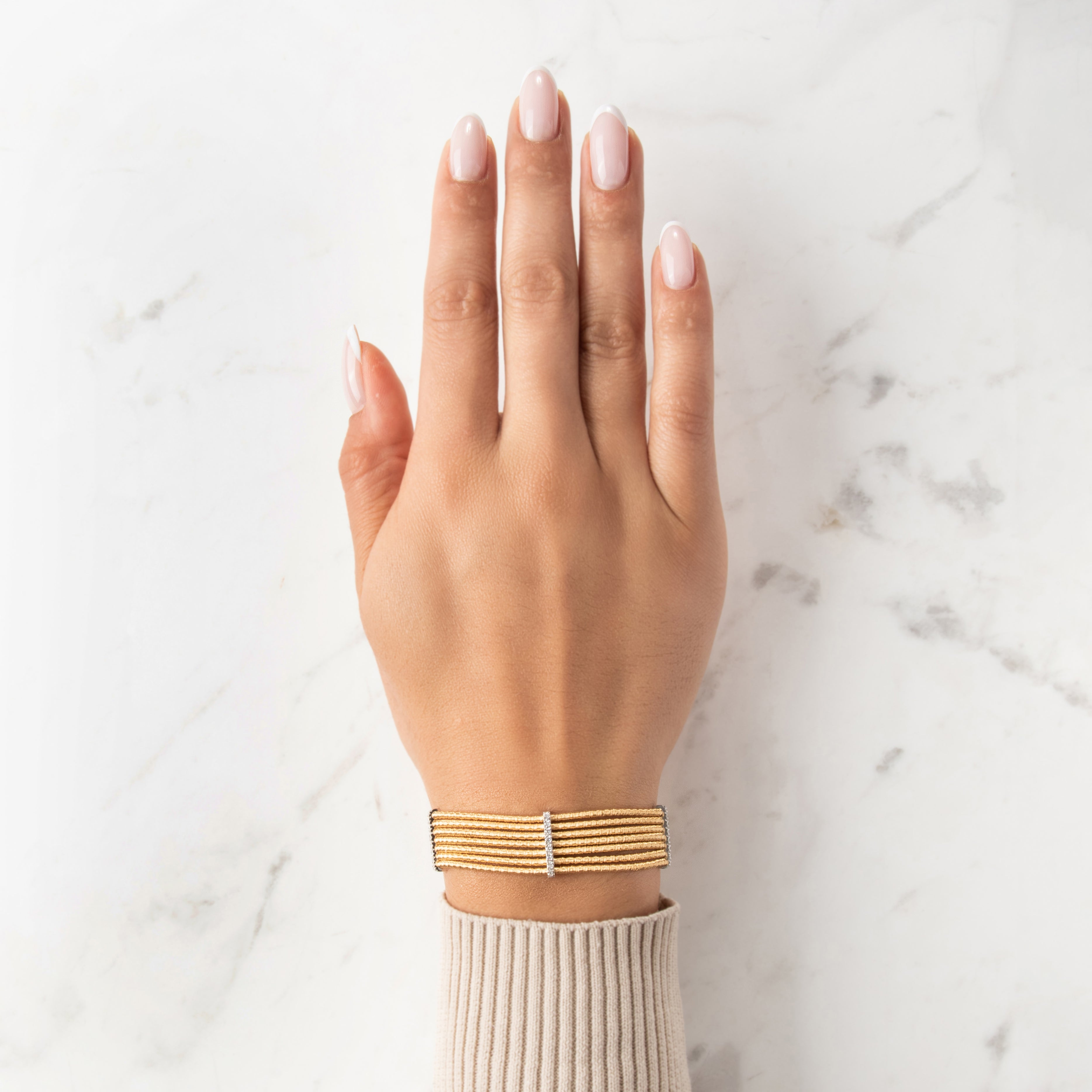 Vintage Substantial 18k Yellow & White Gold Diamond Glamorous Wrapped Wire Station Bracelet - On model view