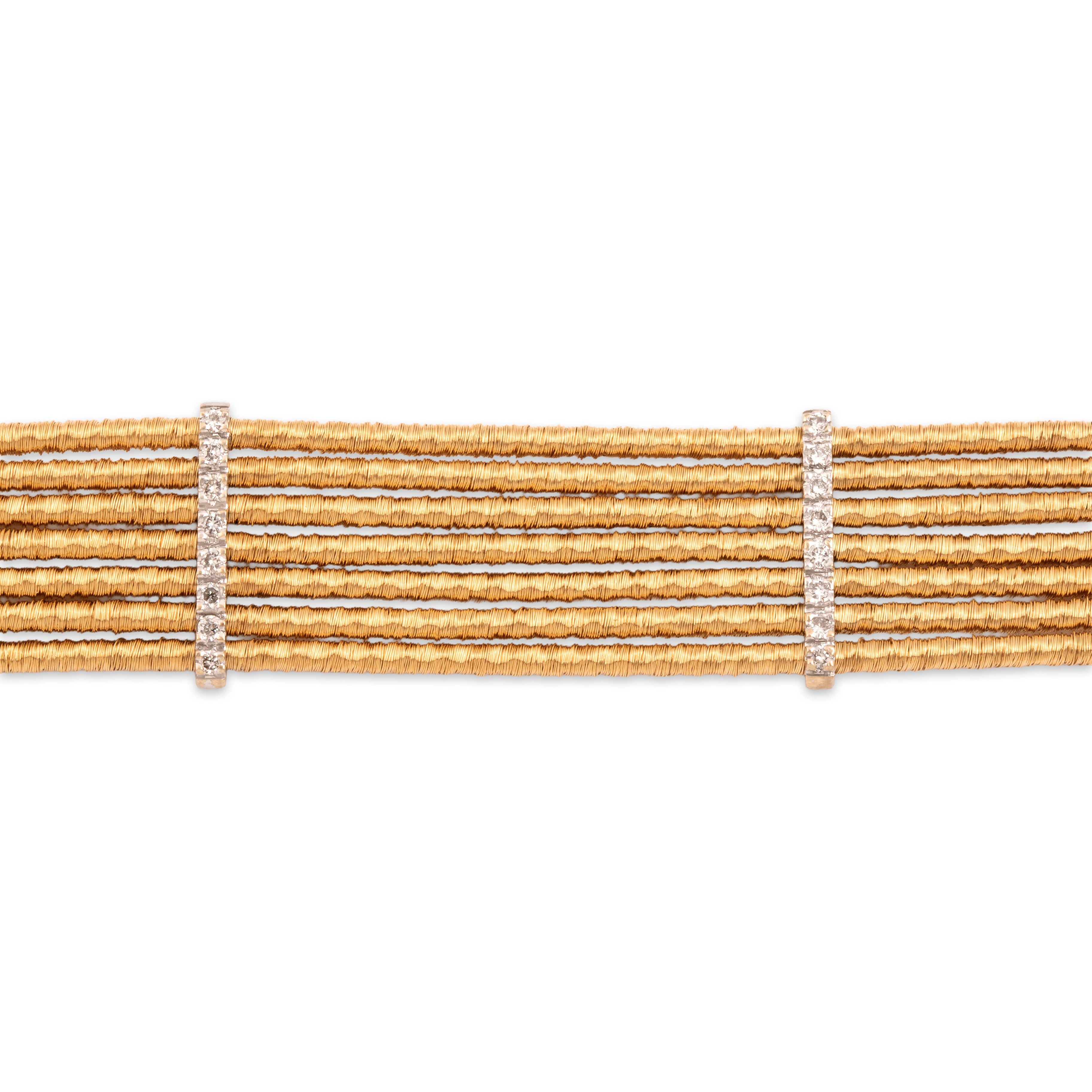 Vintage Substantial 18k Yellow & White Gold Diamond Glamorous Wrapped Wire Station Bracelet - Close-up view
