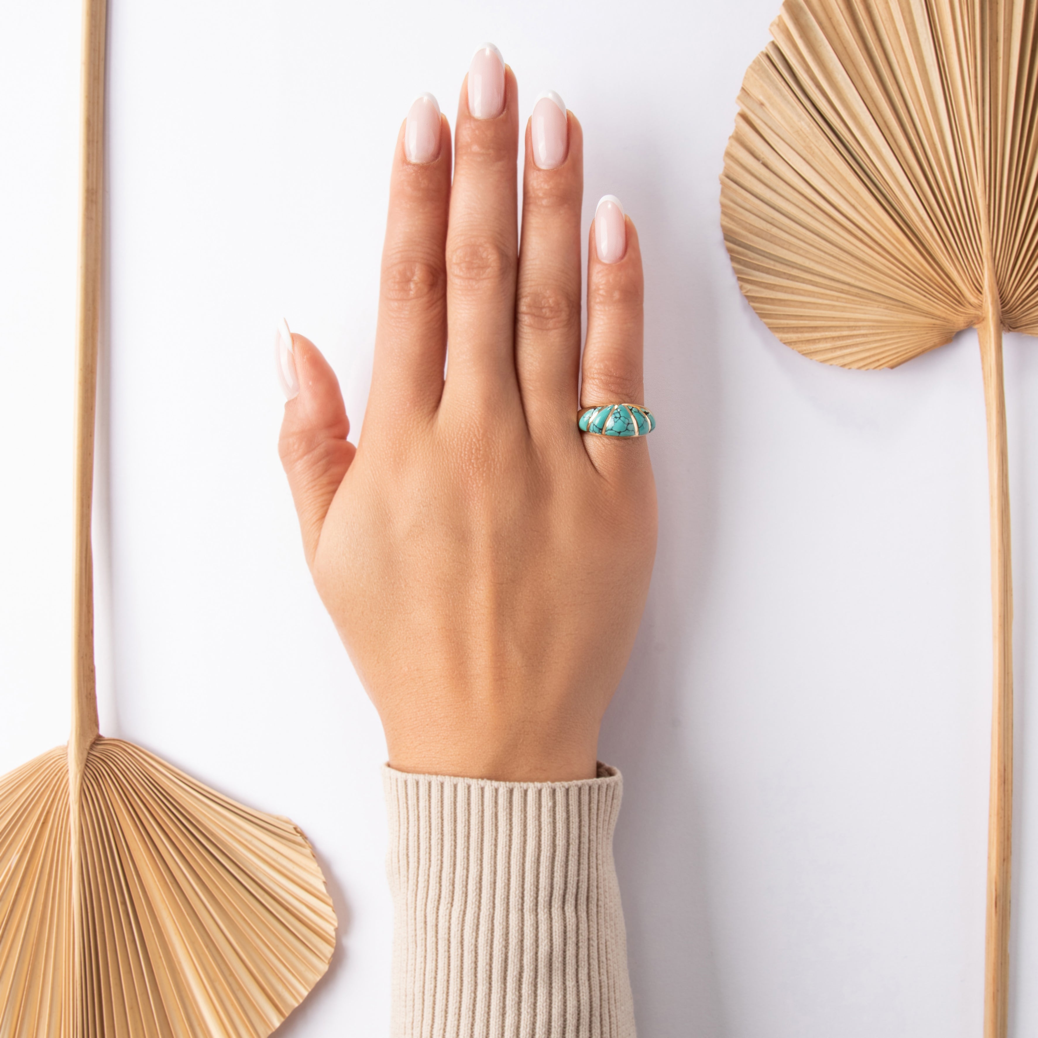 Estate Kabana 14k Yellow Gold Turquoise Sleek Banded Geometric Inlay Band Ring - On model view