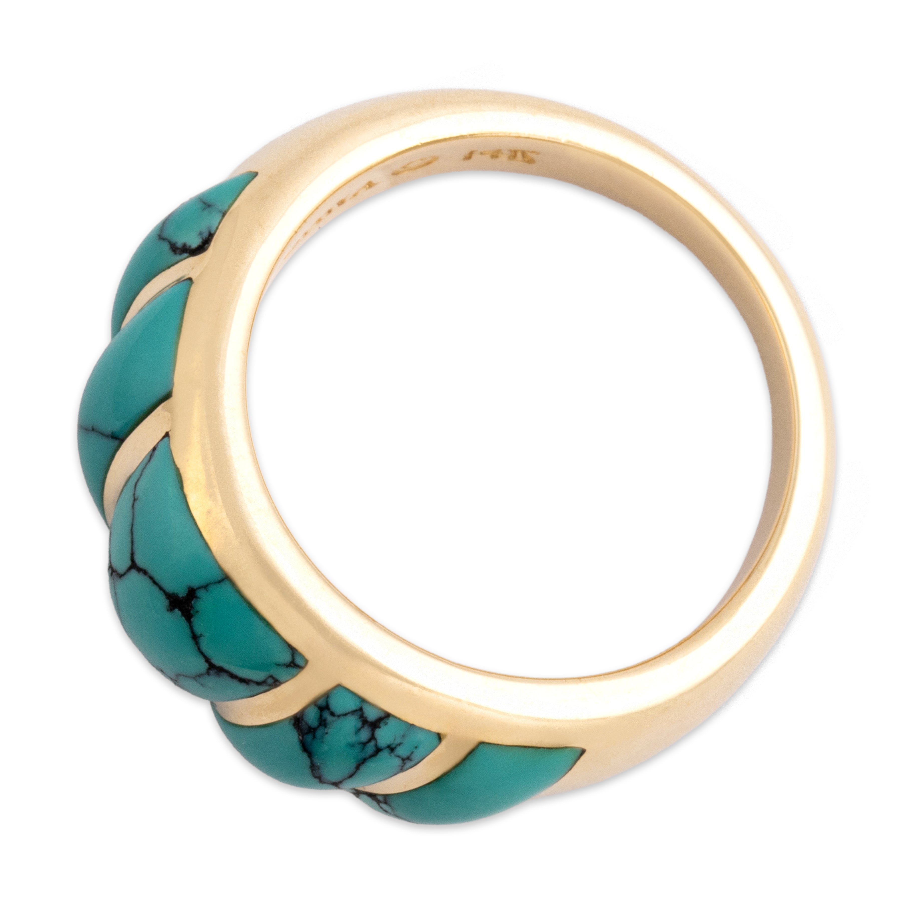Estate Kabana 14k Yellow Gold Turquoise Sleek Banded Geometric Inlay Band Ring - Overall view