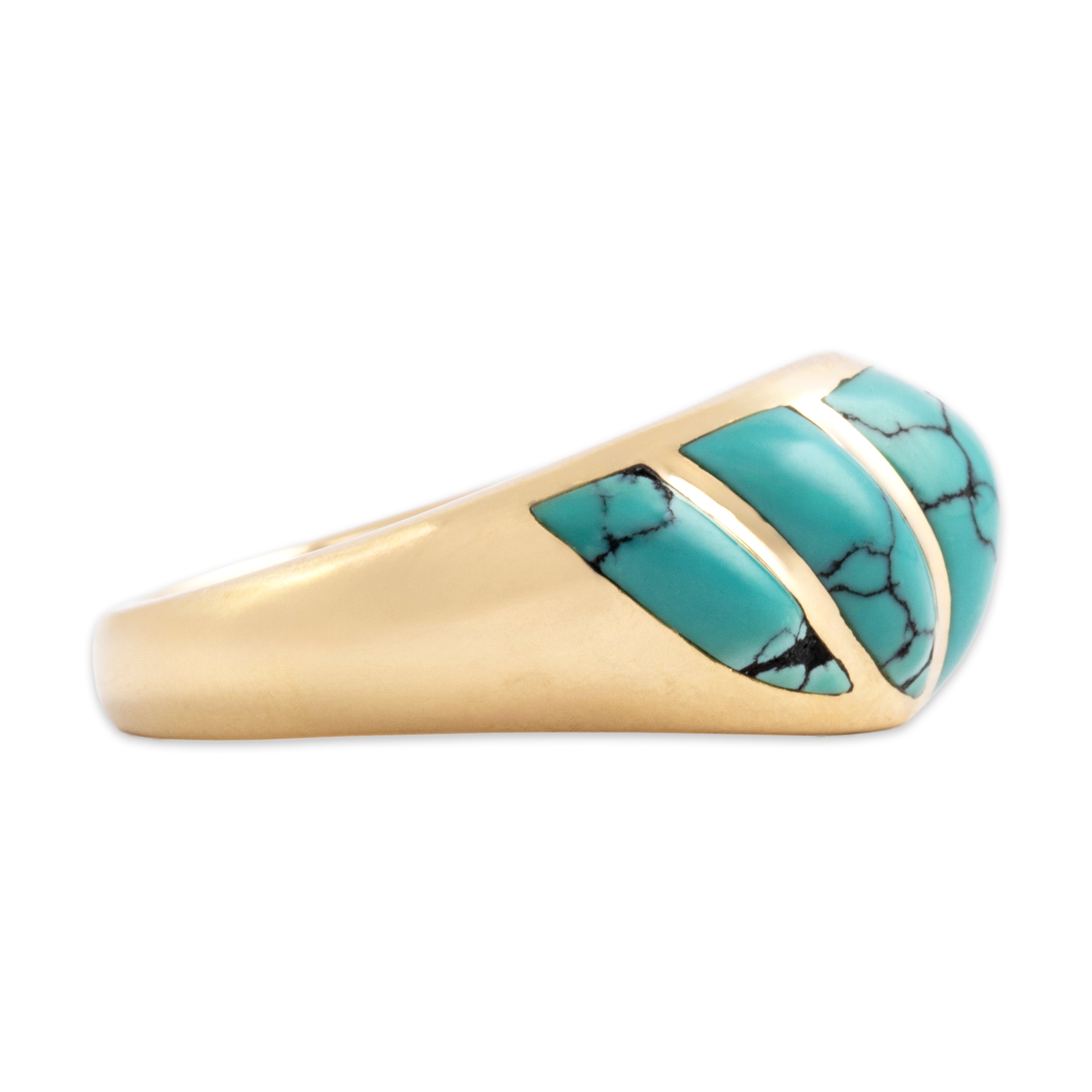 Estate Kabana 14k Yellow Gold Turquoise Sleek Banded Geometric Inlay Band Ring - Side view