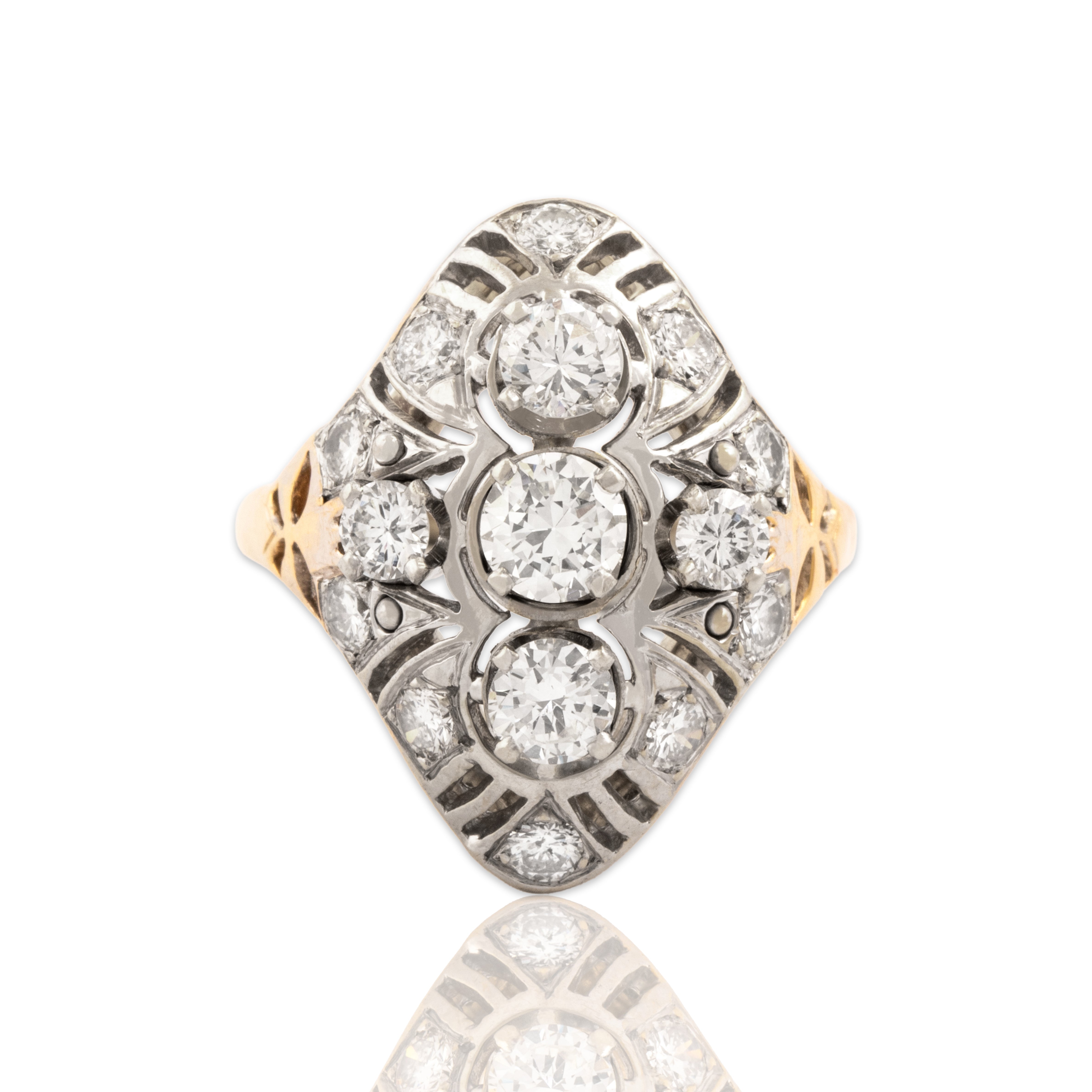 Vintage 14k Yellow & White Gold 1.69cttw Old European Cut Diamond Shield Ring 6.50
