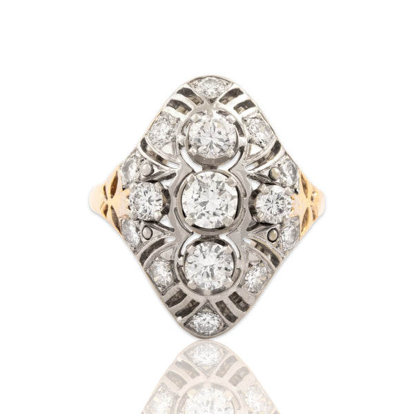 Vintage 14k Yellow & White Gold 1.69cttw Old European Cut Diamond Shield Ring 6.50