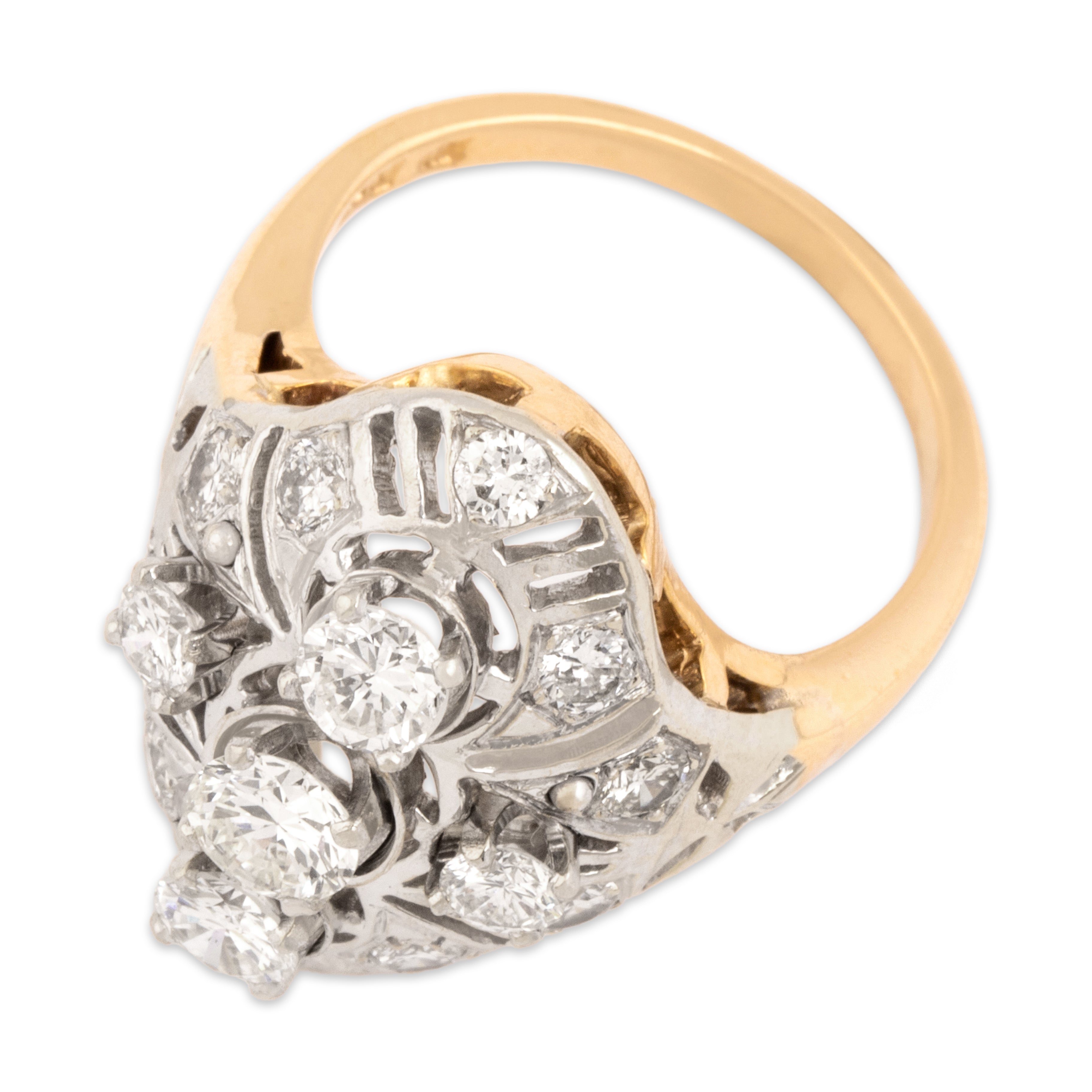 Vintage 14k Yellow & White Gold 1.69cttw Old European Cut Diamond Shield Ring 6.50