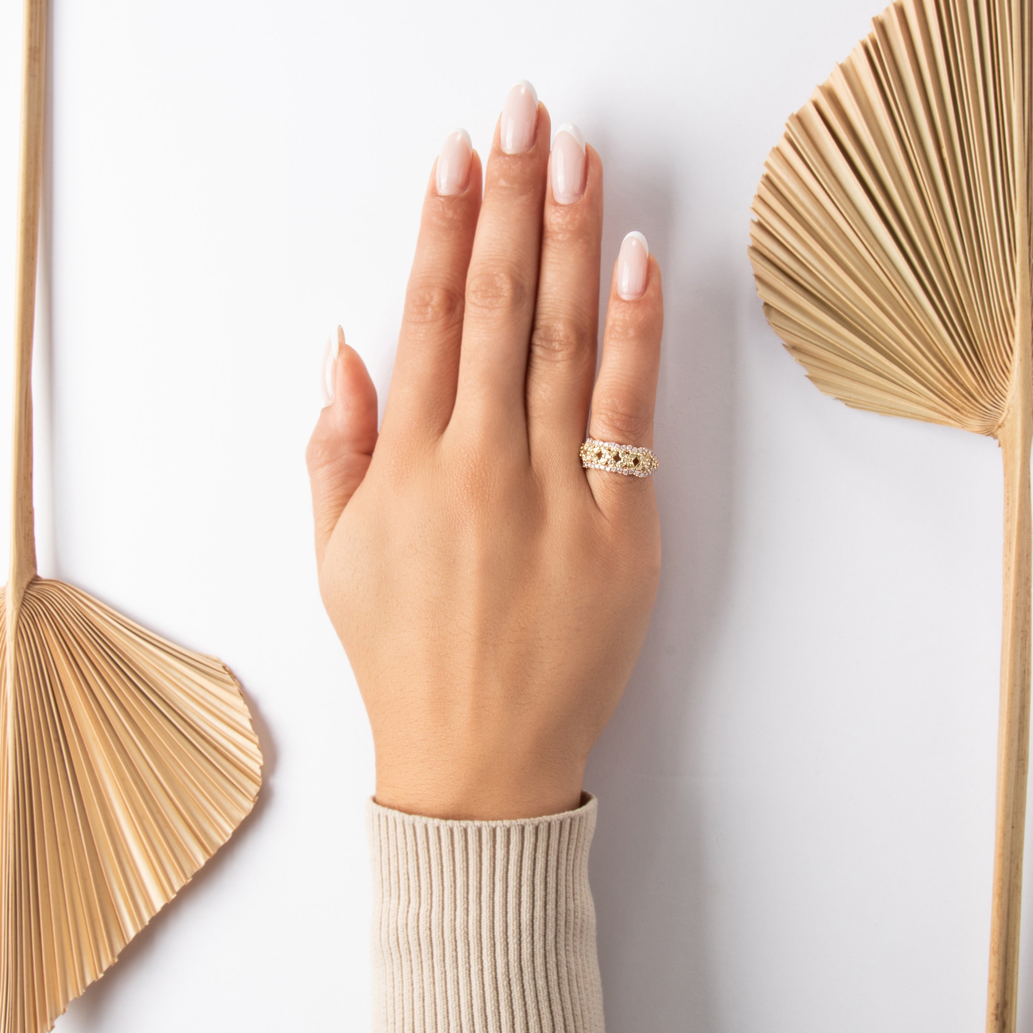 Estate 14k Rose Gold Yellow Diamond White Diamond Dazzling X Scallop Border Band Ring - On model view