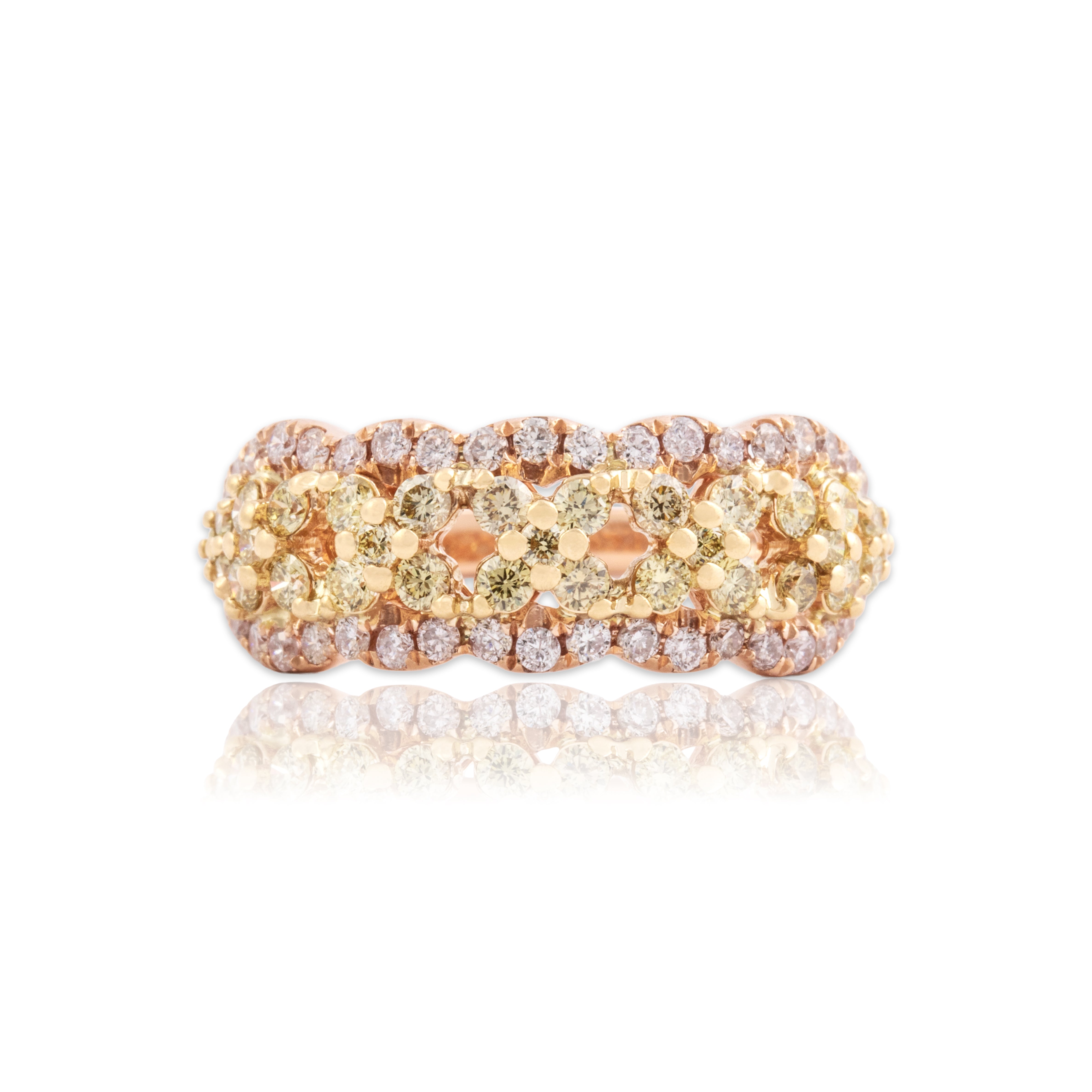 Estate 14k Rose Gold Yellow Diamond White Diamond Dazzling X Scallop Border Band Ring - Close-up view