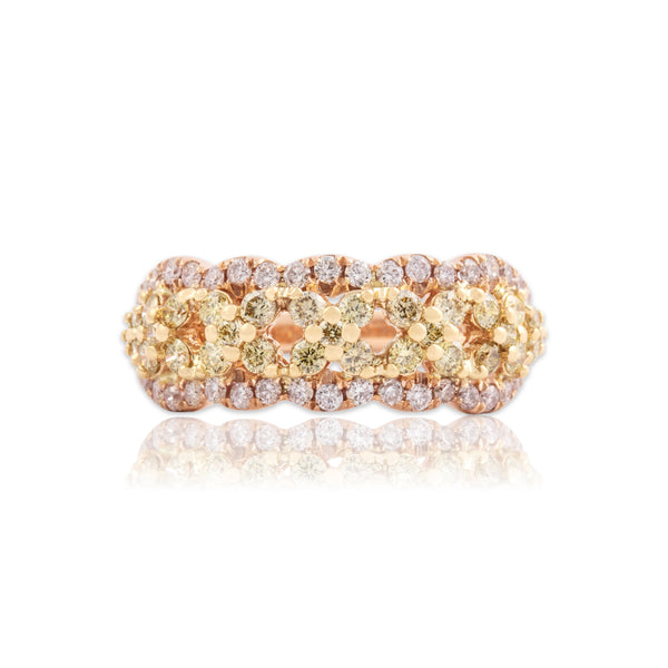 Estate 14k Rose Gold Yellow & White Diamond X Scallop Border Band Ring 6.00