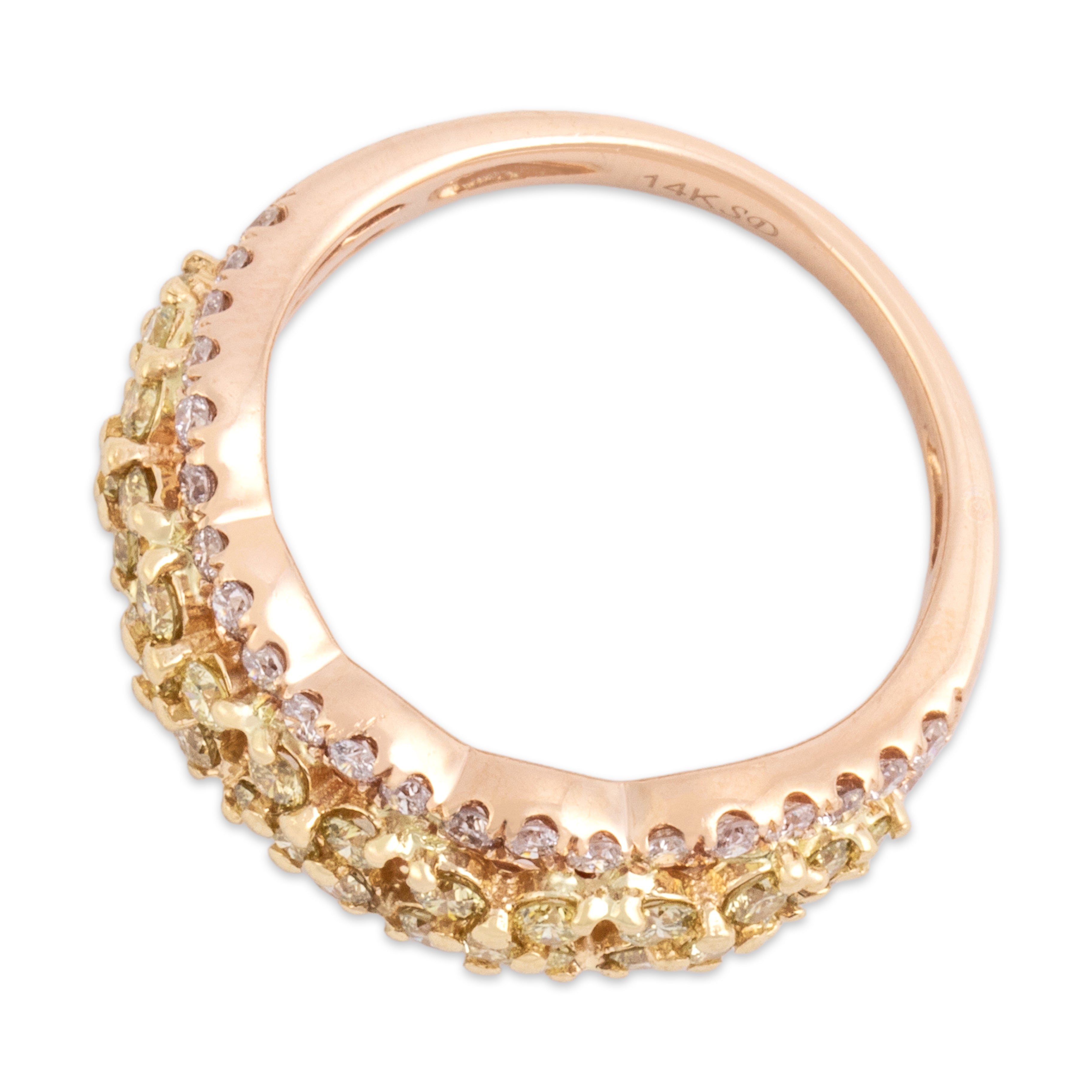 Estate 14k Rose Gold Yellow Diamond White Diamond Dazzling X Scallop Border Band Ring - Overall view
