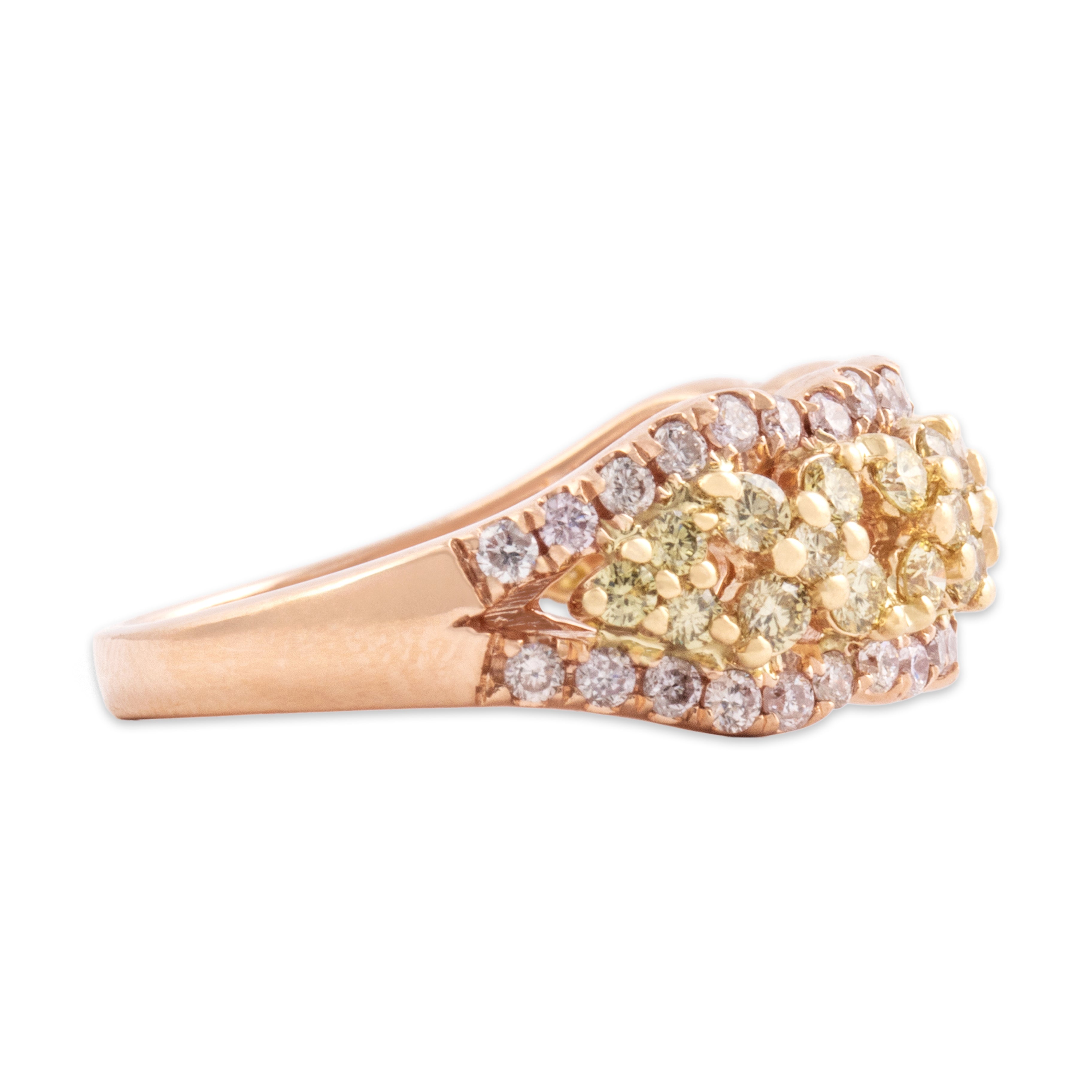 Estate 14k Rose Gold Yellow Diamond White Diamond Dazzling X Scallop Border Band Ring - Side view