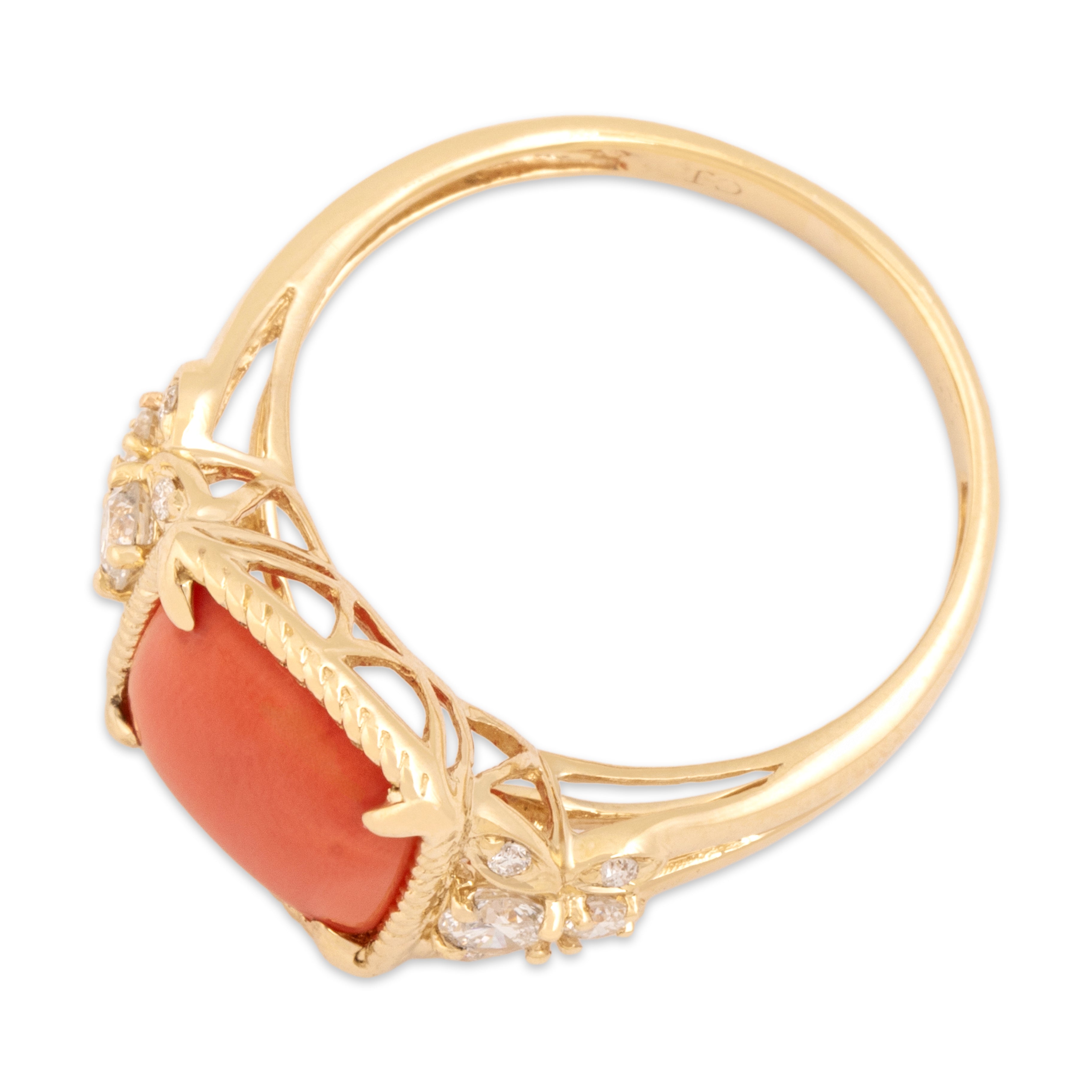 Estate 14k Yellow Gold Coral Diamond Glittering Cabled Square Ring - Overall view