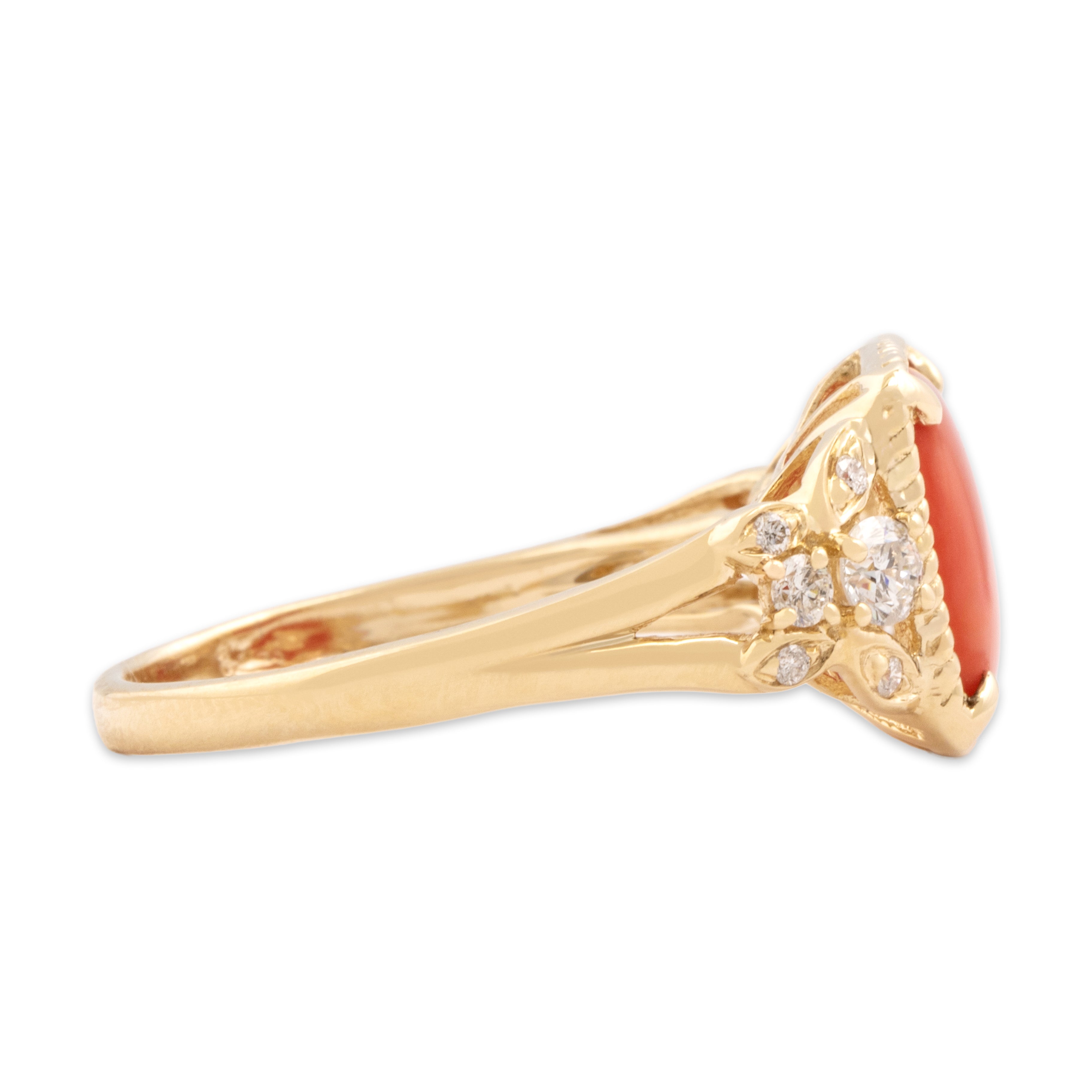 Estate 14k Yellow Gold Coral Diamond Glittering Cabled Square Ring - Side view