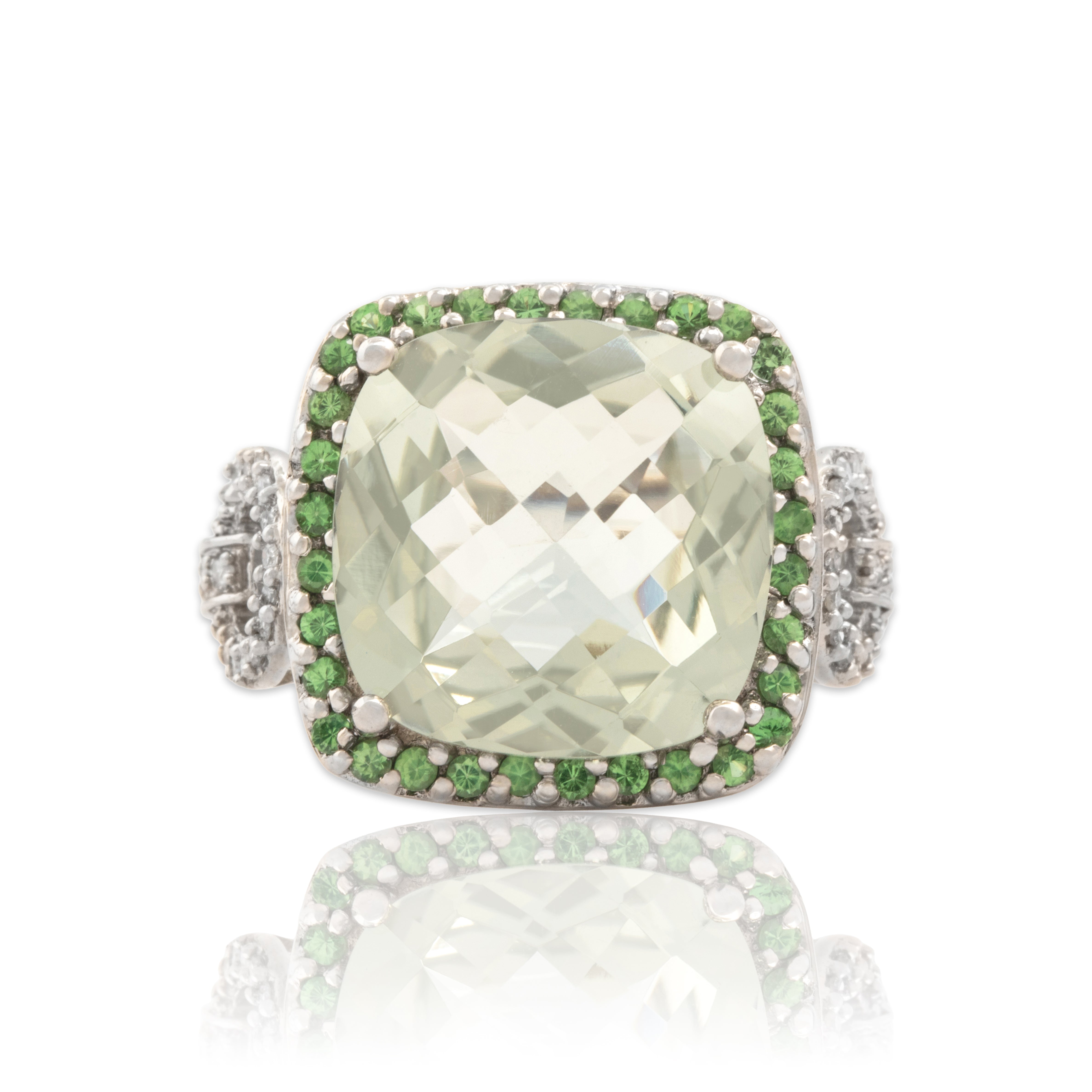 Vintage 14k White Gold 11.41ct Prasiolite Green Garnet Diamond Bold Checkerboard Cushion Cocktail Ring - Close-up view