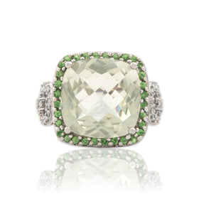 Vintage 14k White Gold 11.41ct Prasiolite Green Garnet Diamond Cocktail Ring 8.25
