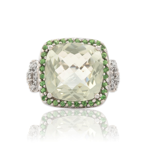 Vintage 14k White Gold 11.41ct Prasiolite Green Garnet Diamond Bold Checkerboard Cushion Cocktail Ring - Close-up view