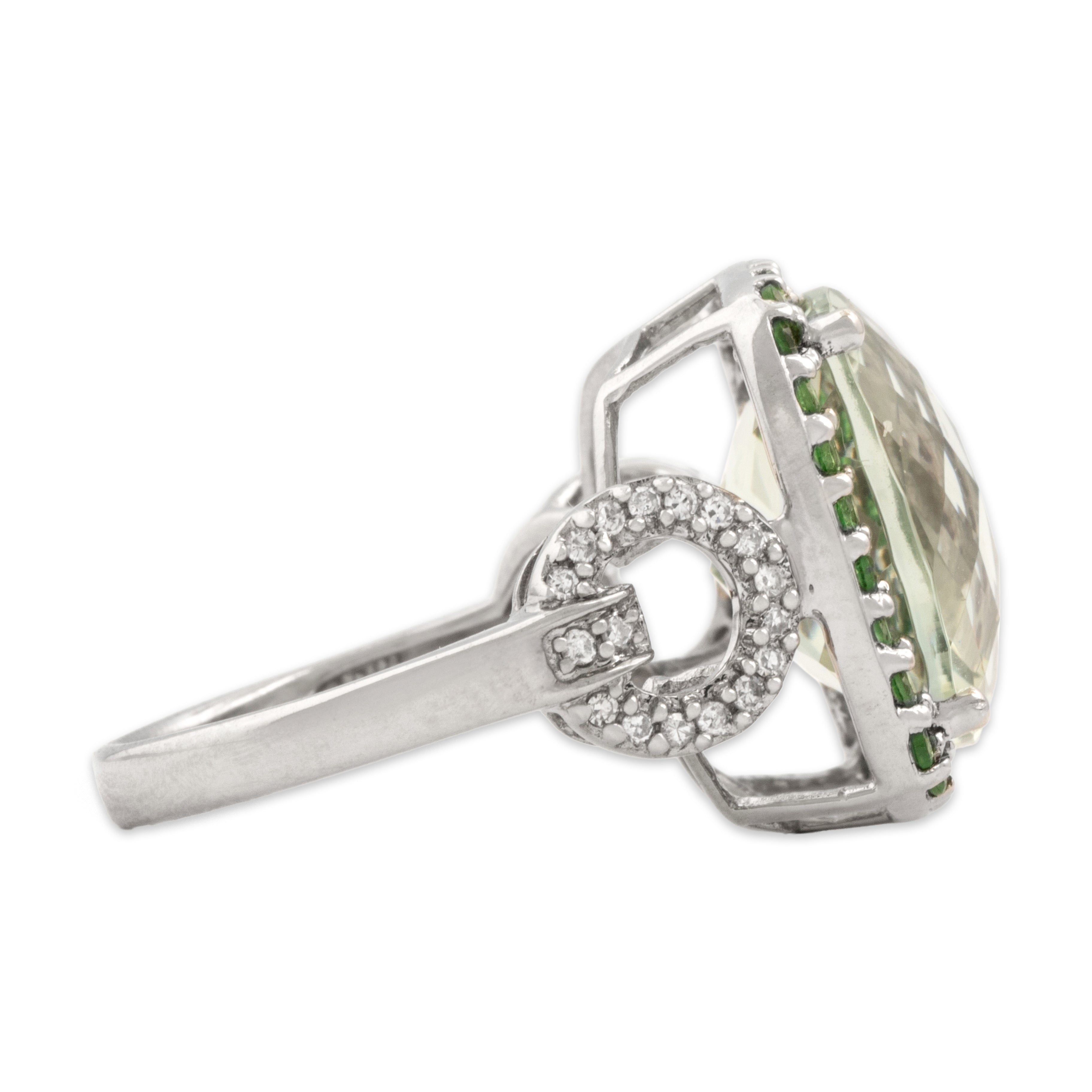 Vintage 14k White Gold 11.41ct Prasiolite Green Garnet Diamond Bold Checkerboard Cushion Cocktail Ring - Side view
